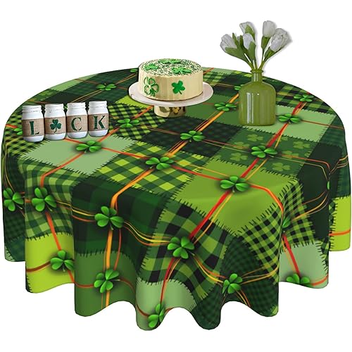 KORVITA St. Patrick's Day Round Tablecloth 60 Inch Green Shamrock Floral Round Tablecloth Washable Microfiber Tablecloth Decorative Table Covers for Picnic Party