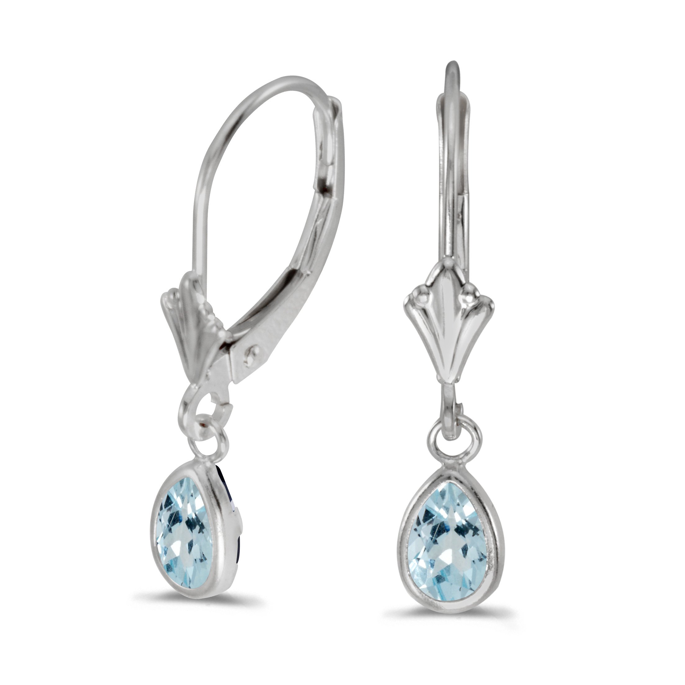 14k White Gold Pear Aquamarine Bezel Lever-back Earrings