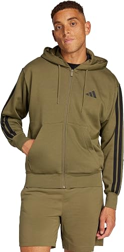 adidas Men's ESSENTIAL THREE STRIPES FLEECE ZIPPER HOODIE, olive strata/black, L - 3