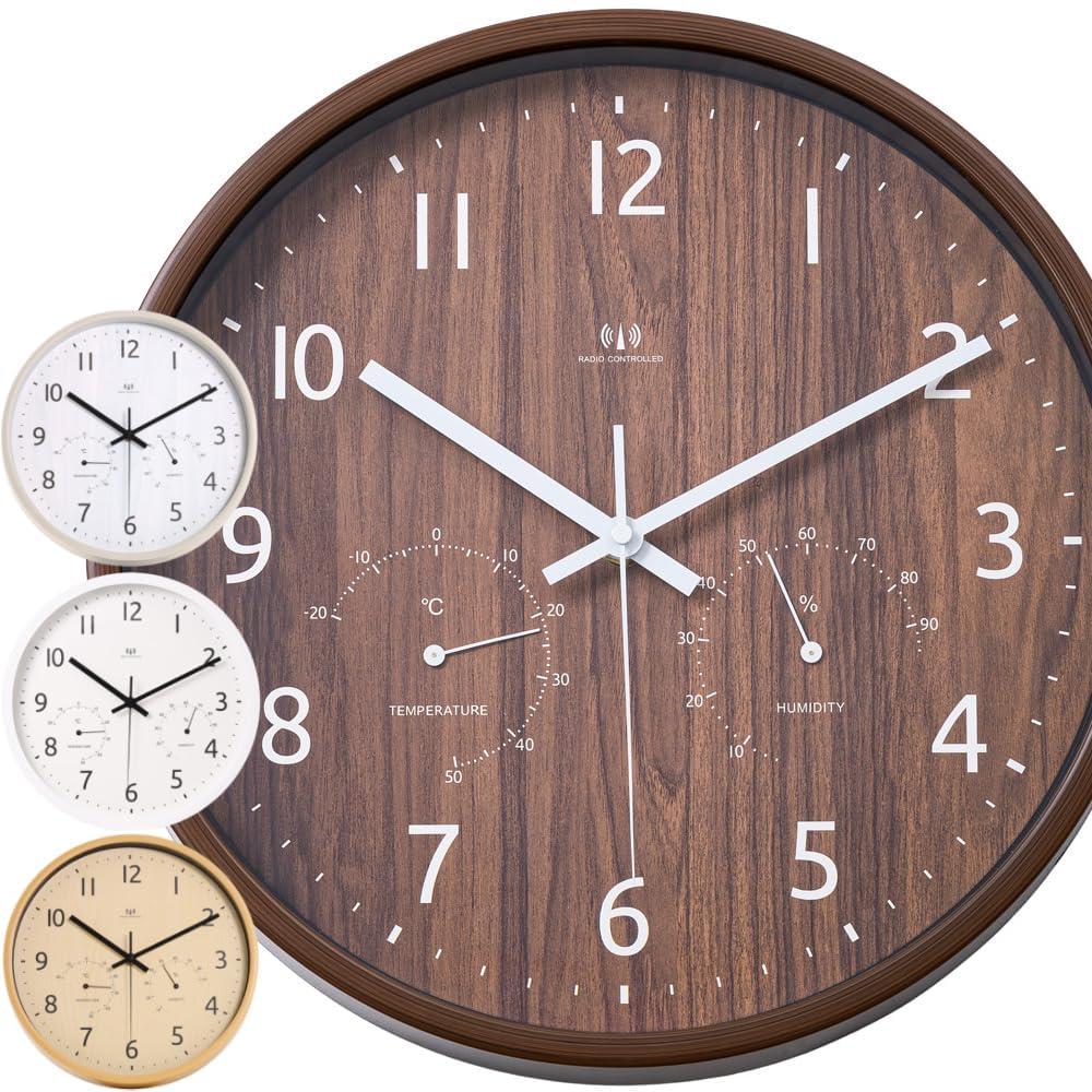 壁掛け時計 電波時計 掛け時計 木製 ウッド 天然木 温度計 湿度計 壁掛け時計 電波時計 掛け時計 木製 柱時計 ウッド 天然木 温度