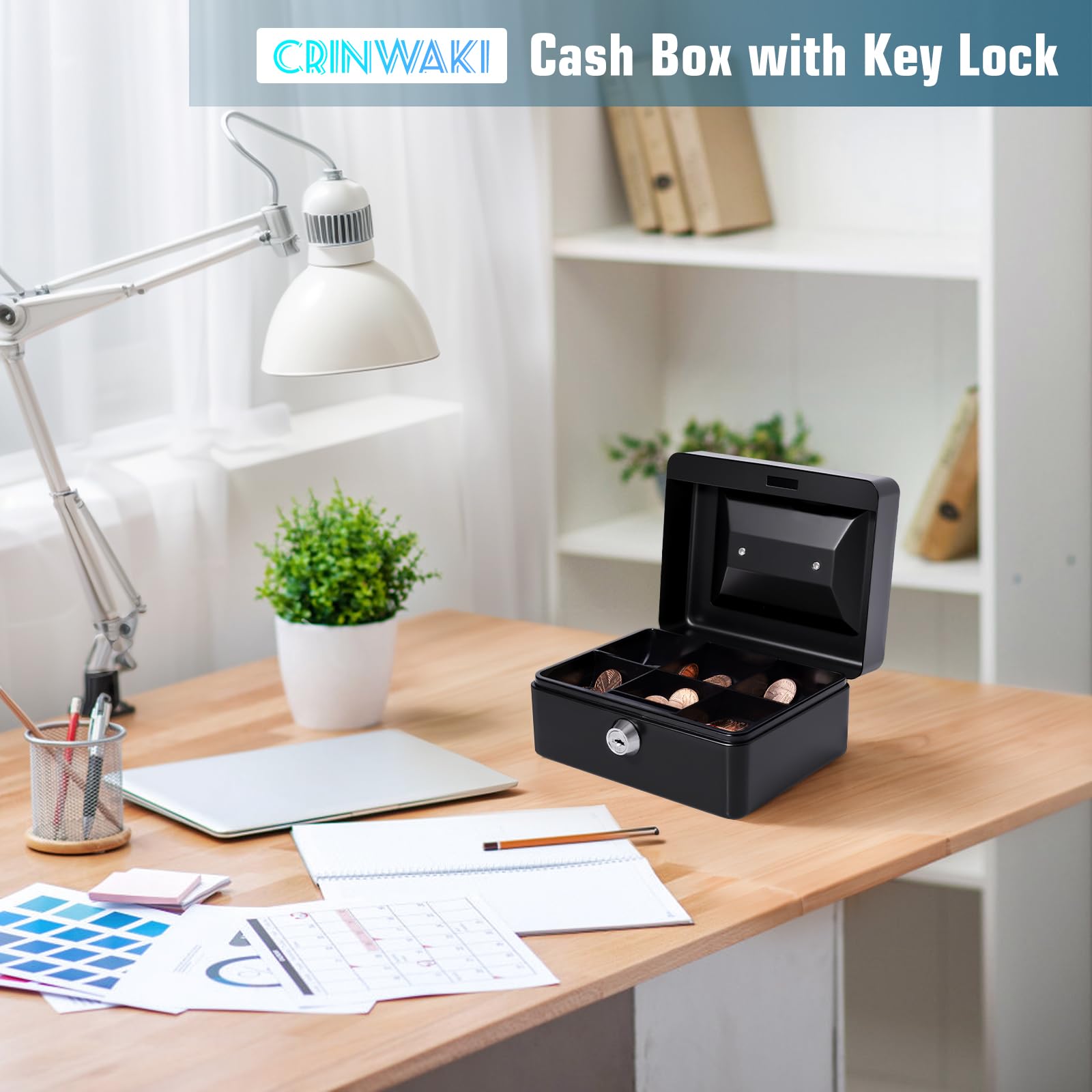 Money Tin Box with Key, Portable Cash Box with Coin Tray, Small Cash Tin for Home Office and Events (Black-small) - Image 2