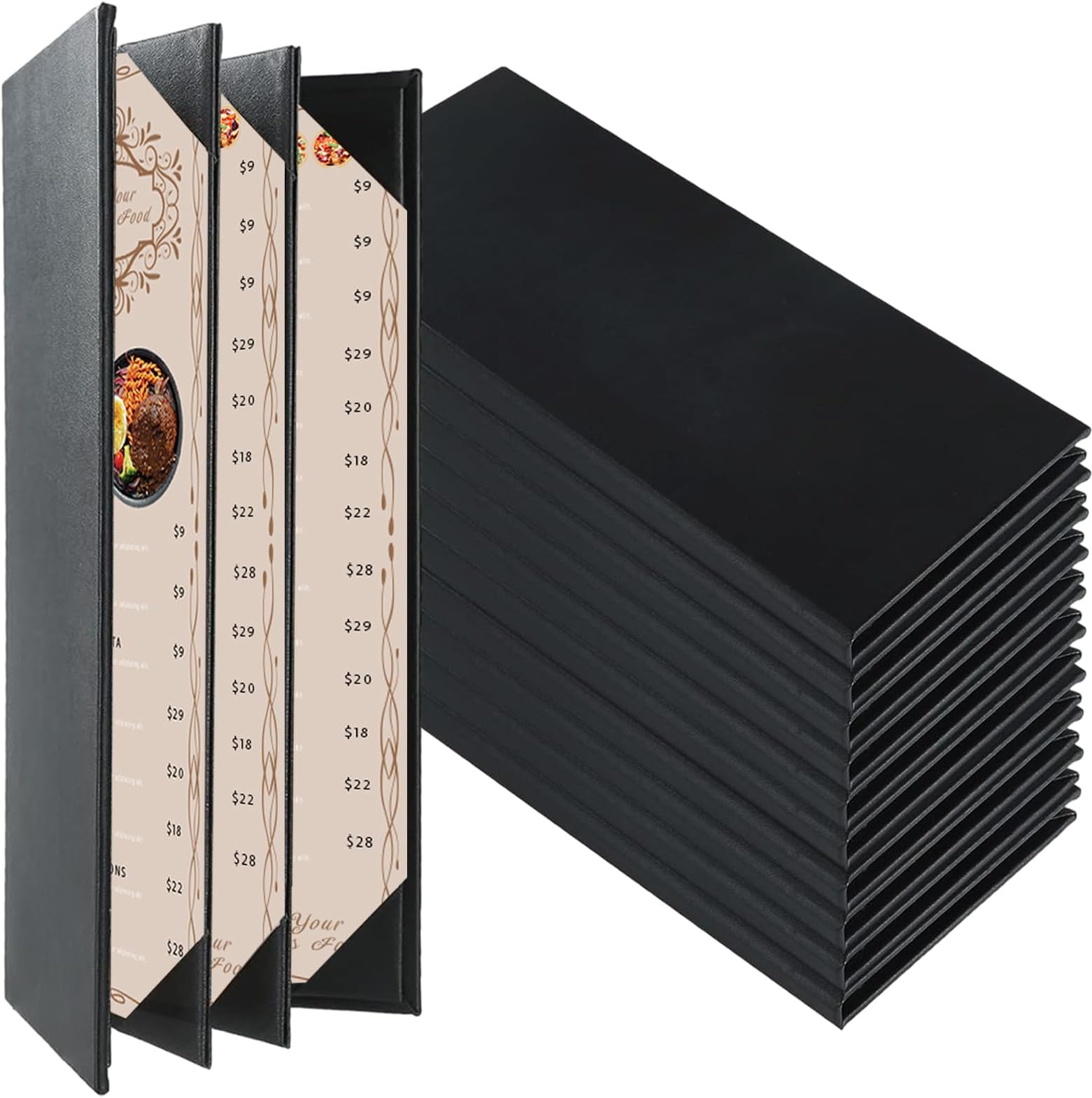 Restaurant Menu Covers Holders 4.25" x 11" | Pack of 10 Synthetic Leather Quad Fold Panels 6 View Angled Corners Black for Wine List, Drinks (10, Quad Fold Panels 6 View (4.25 x 11 inch))