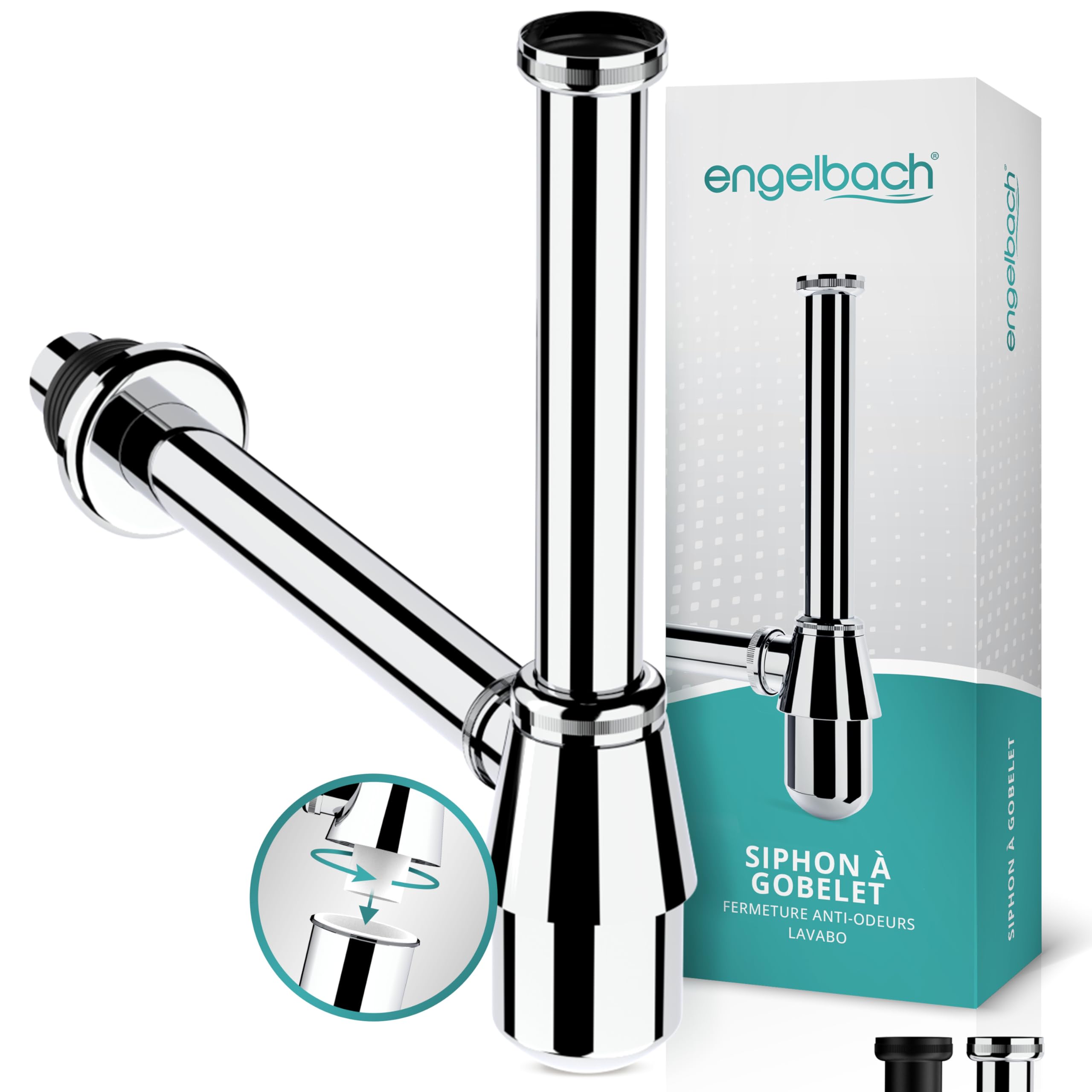 Engelbach® Siphon lavabo 1 1/4" avec ouverture nettoyage - Tube évacuation universel salle de bain avec joint caoutchouc et guide d’installation