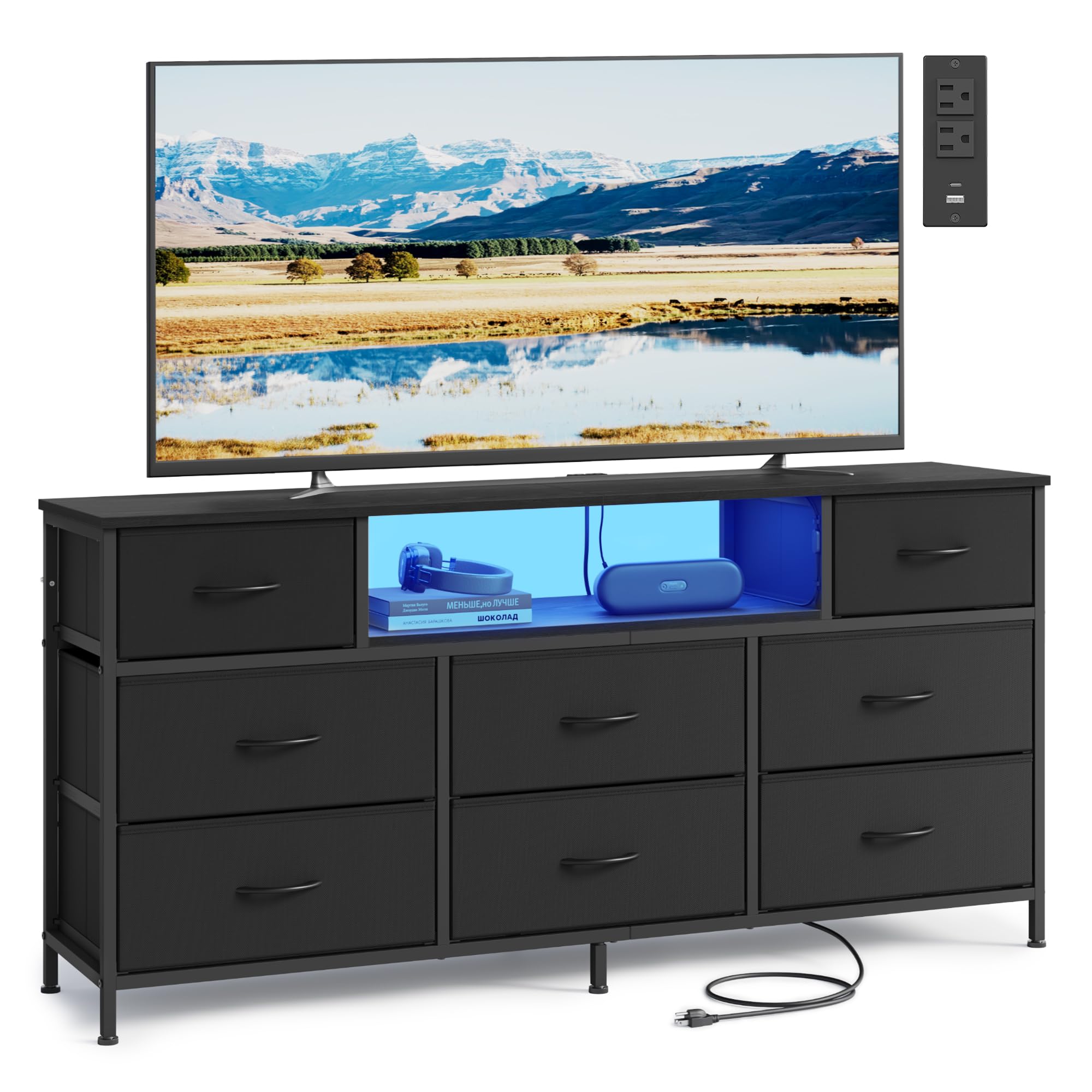 SONGMICS BELLAH Collection - Dresser for Bedroom with Outlets and LED Lights, TV Stand for TVs Up to 65 Inches, Chest of Drawers, 8 Drawers, Steel, Modern, Ink Black ULGS434BH02S