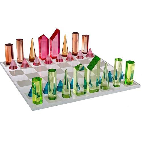 Modern Chess Set - Acrylic Chess Board with 32 Colorful Game Pieces - Unique Tabletop Decor Item with Functional Gameplay