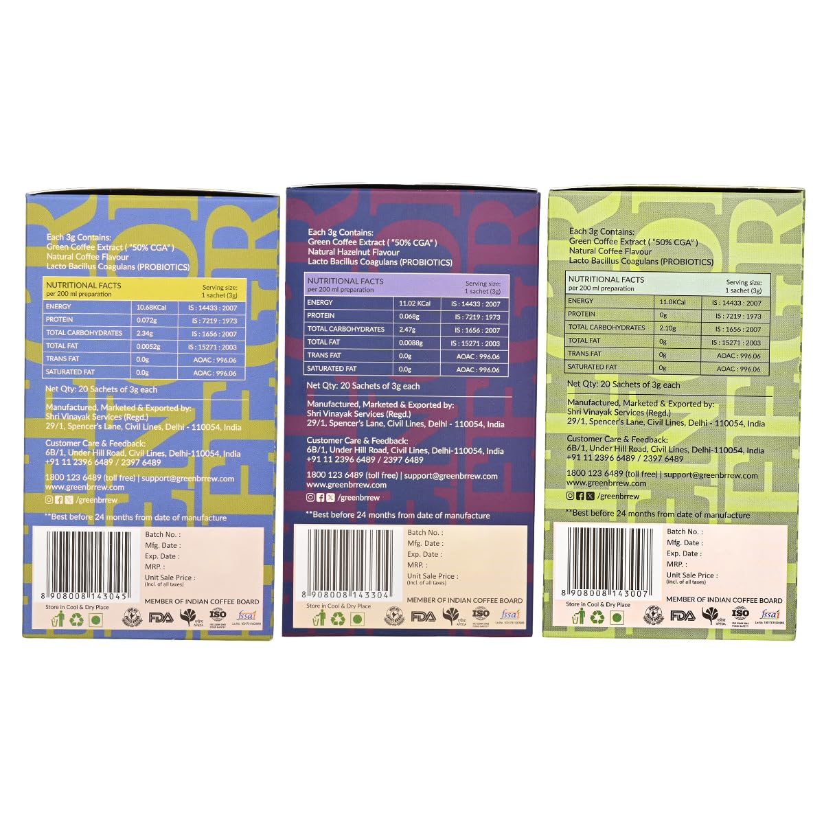 Greenbrrew Instant Green Coffee Combo (Natural, Hazelnut, Strong) | Decaf & Unroasted Coffee With Probiotics for Healthy Gut | 20 Sachets Each 4
