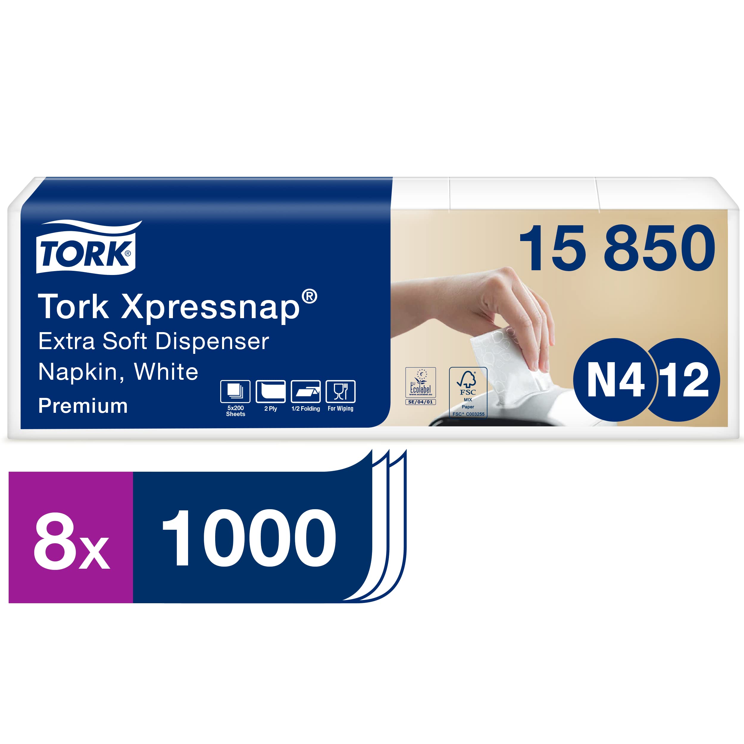Tork Xpressnap Servilleta suave Blanca para Dispensador N4, Plegado 1/2, 2 capas, 21 cm × 17 cm, 8 × 1000 servicios, 15850 | Premium, 3 capas, Blanco, Extrasuave, Blanco