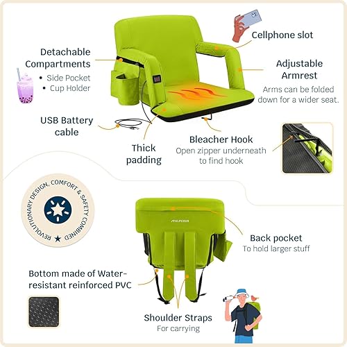 Miniatura 5 de Alpcour Asiento de estadio reclinable con calefacción para gradas, silla ancha con respaldo y cojín, reposabrazos, bolsillos laterales y gancho,