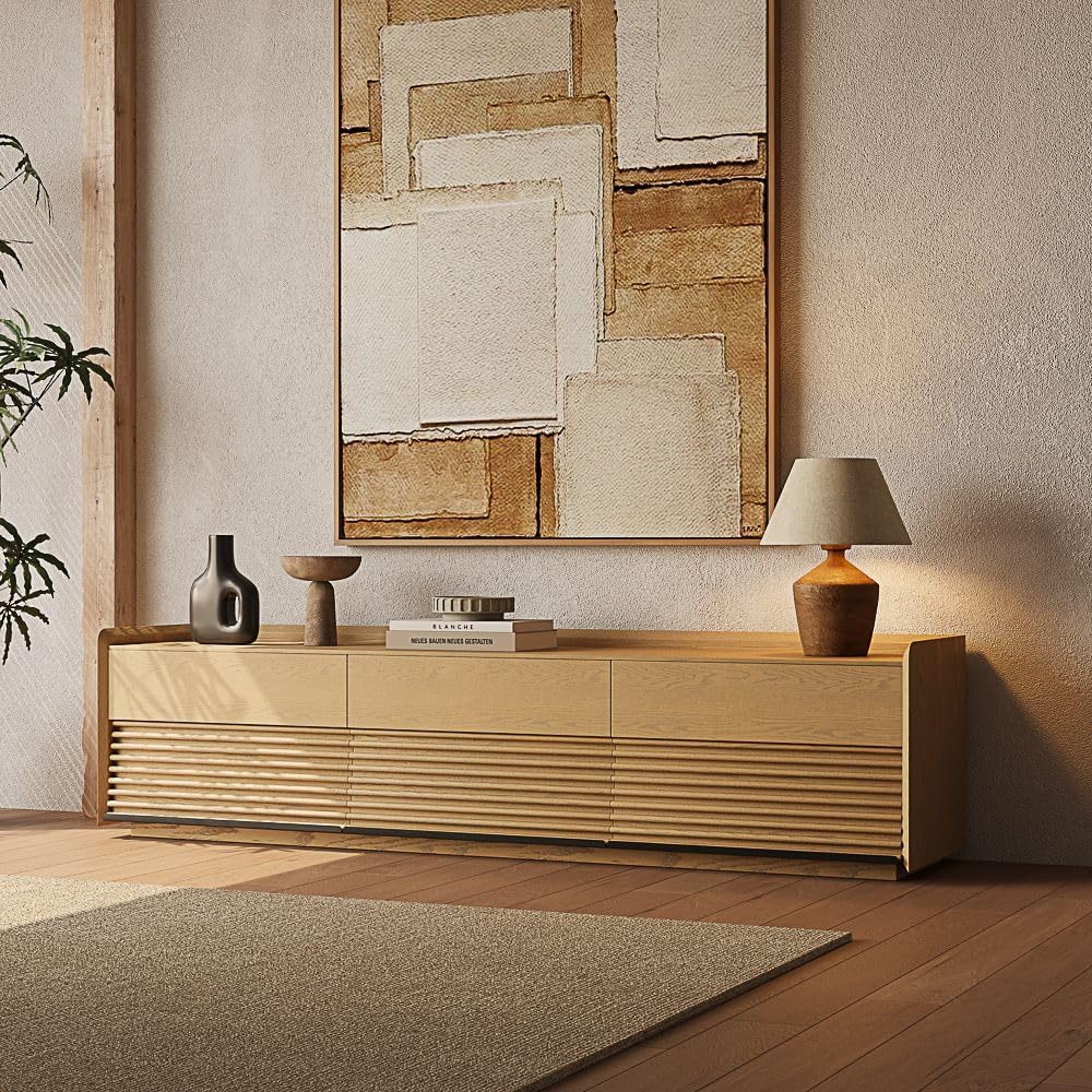 POVISON 79" Fully Assembled Mid Century Modern TV Stand with LED Lights, Media Console with 6 Drawers, Wood Slatted Entertainment Center, No Assembly Required, Fits 75-85 Inch TV