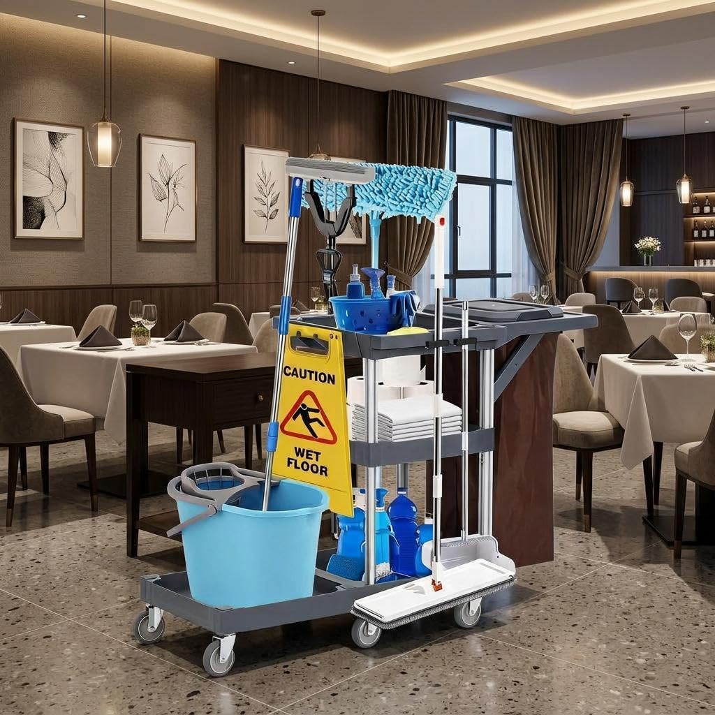 Gewerblicher Reinigungswagen auf Rollen - 6 Lenkrollen, Abdeckung & Vliesbeutel, bis 136 kg, 3 Ablagen, 95 x 49 x 22 cm - Farbe: Germany