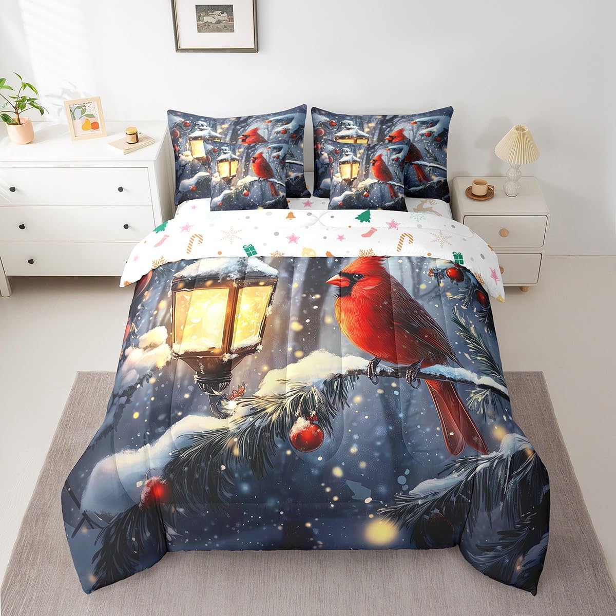 Castle Fairy Xmas Cardinals 7 Pieces Comforter Set,Cartoon Bird Bedding Set King Size for Room Decor,Merry Christmas Comforter for Boys Girls Adult Super Soft Fade Resistant Microfiber Bedding