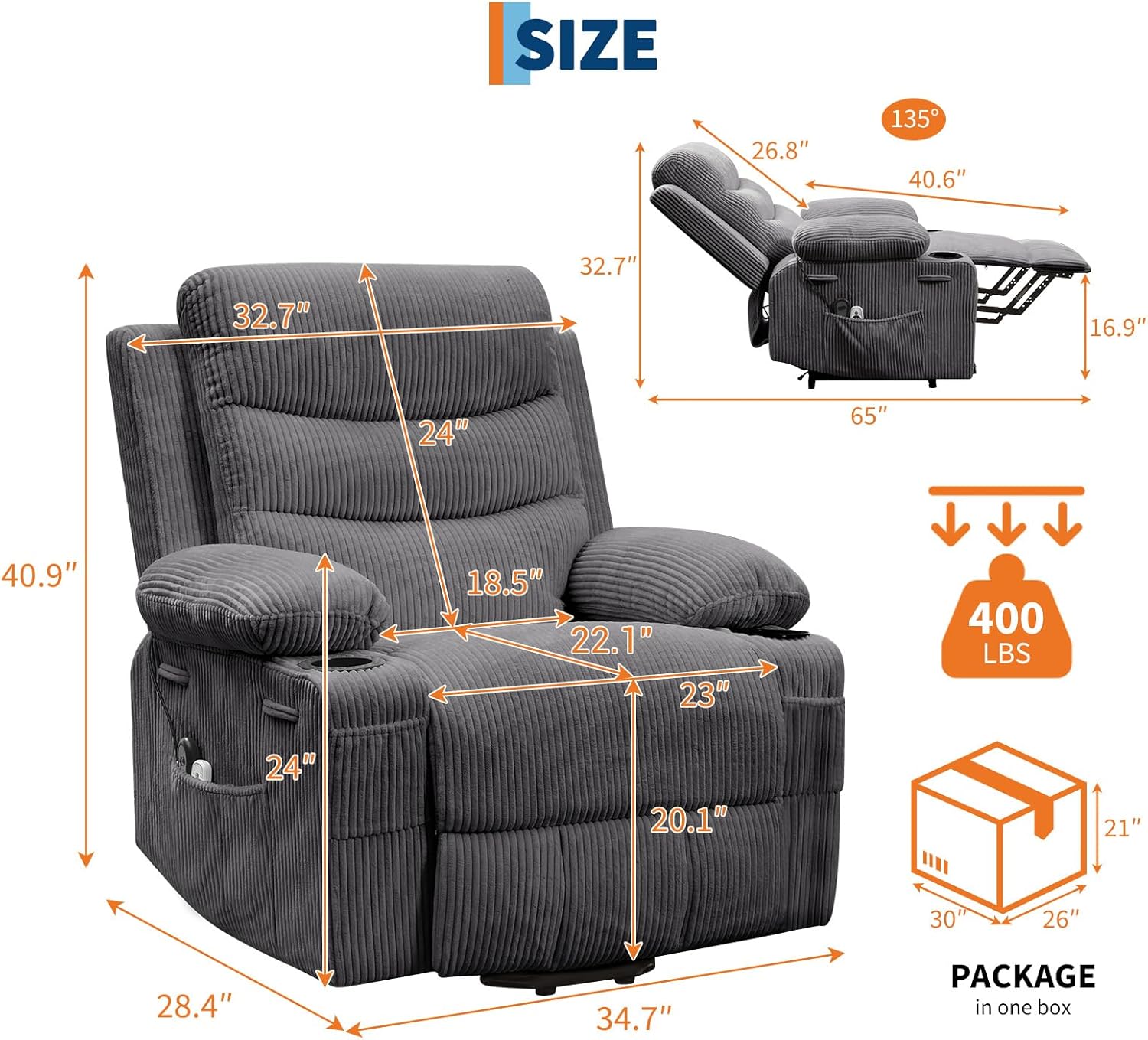 Garvee Power Lift Recliner Chair, Oversized Electric Recliners for Elderly With Heat and Massage, Home Theater Seat With 2 Cup Holders Side, Electric Glider Reclining Single Sofa Chair for Living Room