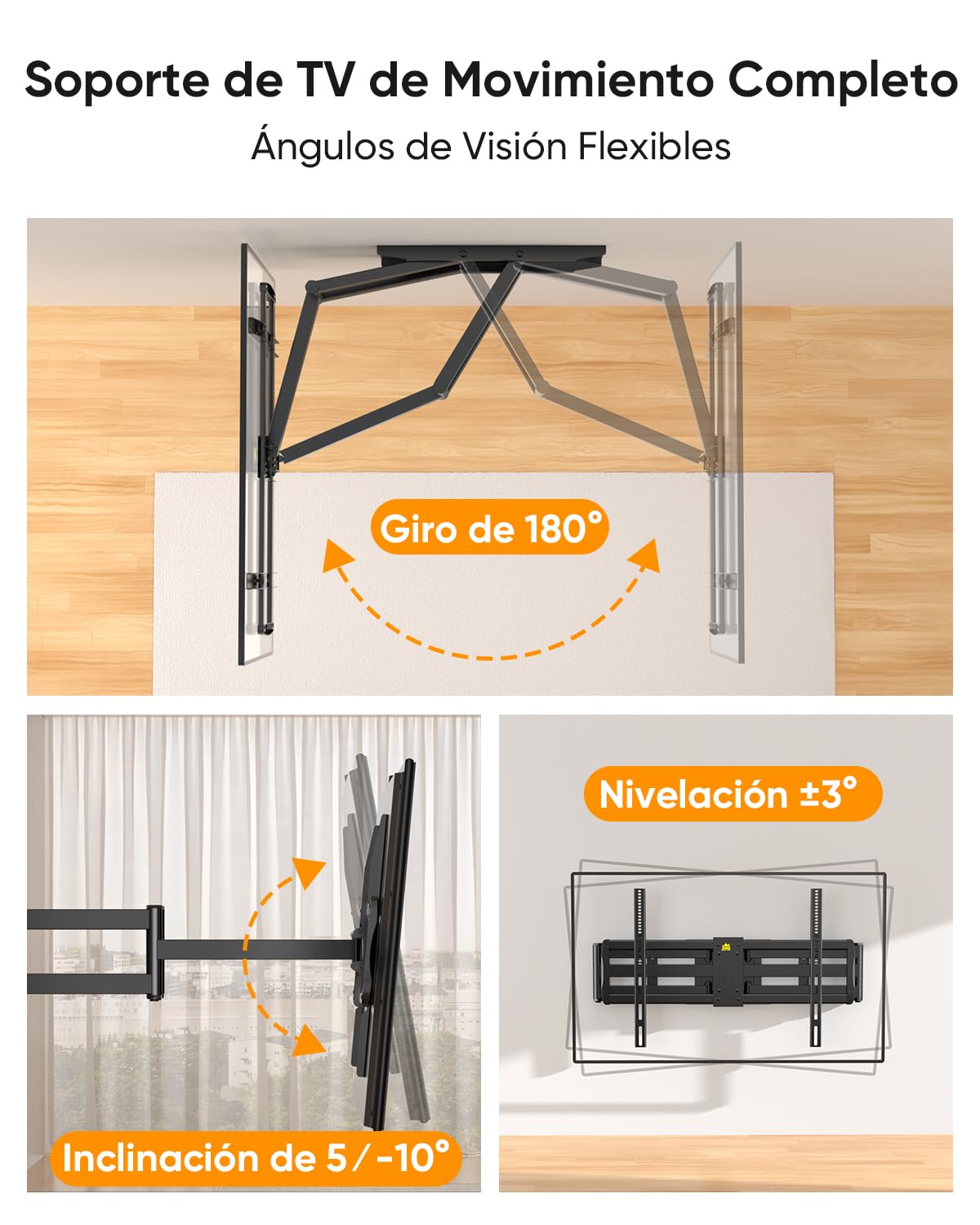Soporte TV Pared Movimiento Completo para Televisores de 60-100 Pulgadas | Soporte Television Pared Giratorio e Inclinable, Extensión de 1090 mm, Brazos Dobles, VESA 900x600 mm, Carga 125 kg
