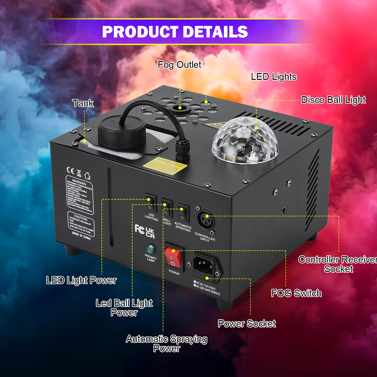 Hakuta 1500W Fog Machine Vertical Smoke Machine with 18 LED Lights, Disco Ball for Halloween Wedding Disco Club Christmas Party DJ Performance