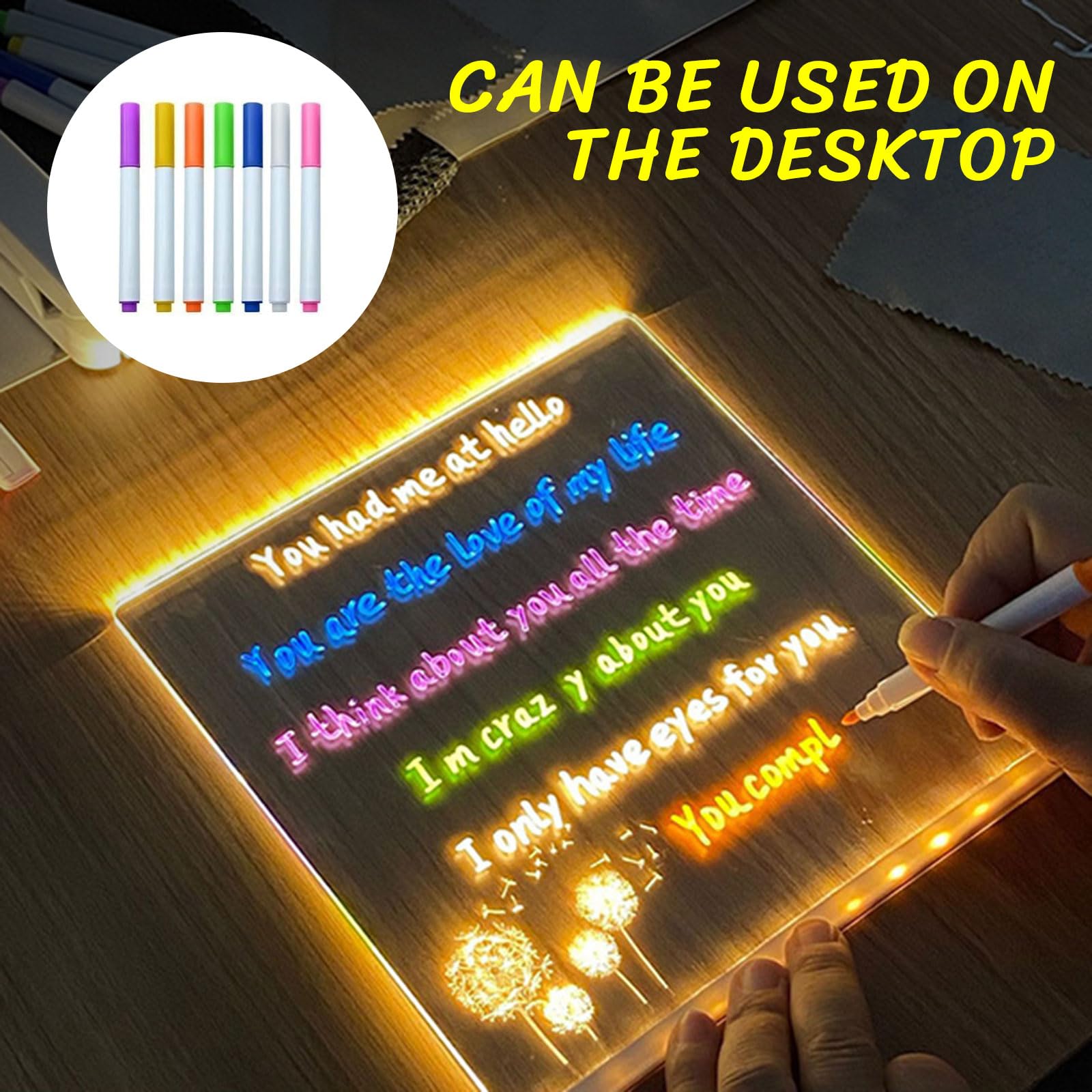 Lavagna Acrilica A LED Cancellabile – 30x20 Cm, 7 Penne Colorate, 6 Colori LED E 4 Modalità – Per Scrivania, Ufficio, Casa O Negozi