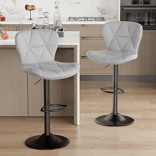 Miniatura 7 de Juego de 2 taburetes de bar, modernos taburetes de bar giratorios ajustables de piel sintética, sillas de altura de mostrador con respaldo y