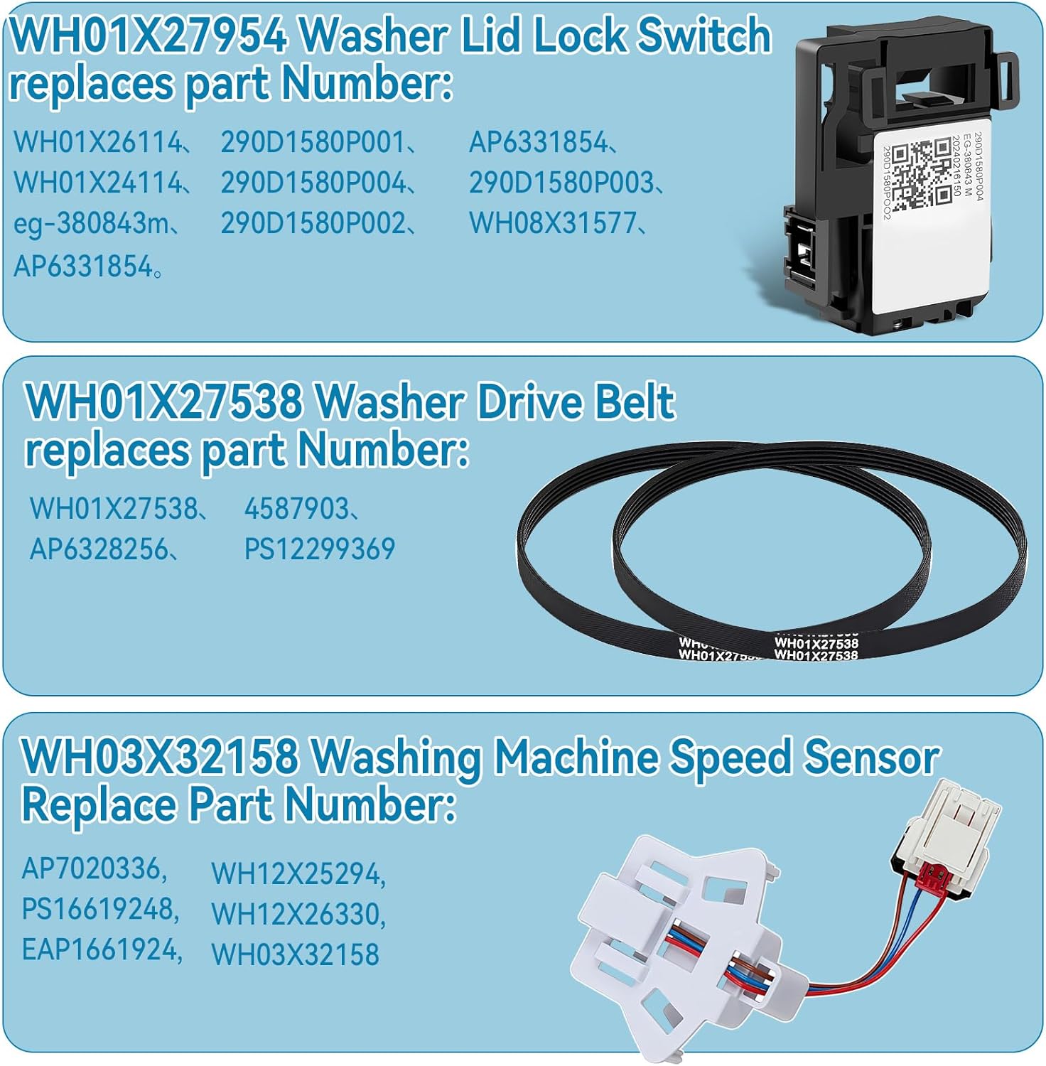 4PCS Washing Machine Parts,WH03X32158 Washer Speed Sensor,WH01X27538 Washer Drive Belt,WH01X27954 Washer Lid Lock Switch Compatible with GE Hotpoint Clothes Washing Machine Door Lock Assembly