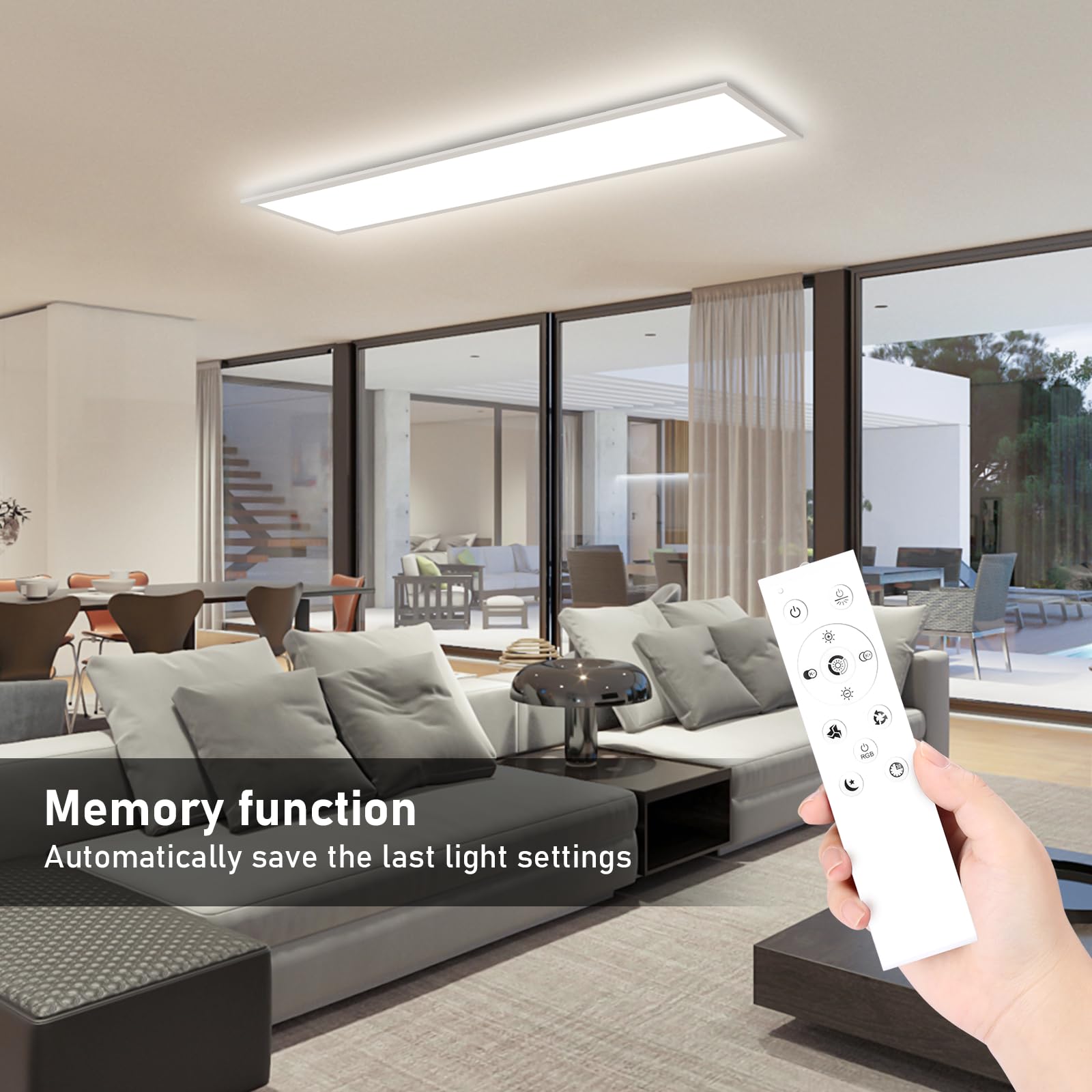 Oraymin LED Panel Deckenleuchte 120x30, RGB Deckenlampe mit Fernbedienung, 40W 4800LM Lampen mit Speicherfunktion, 3000K-6500K LED Lampe Decke als Wohnzimmerlampe, Küchenlampe, Bürodeckenleuchten