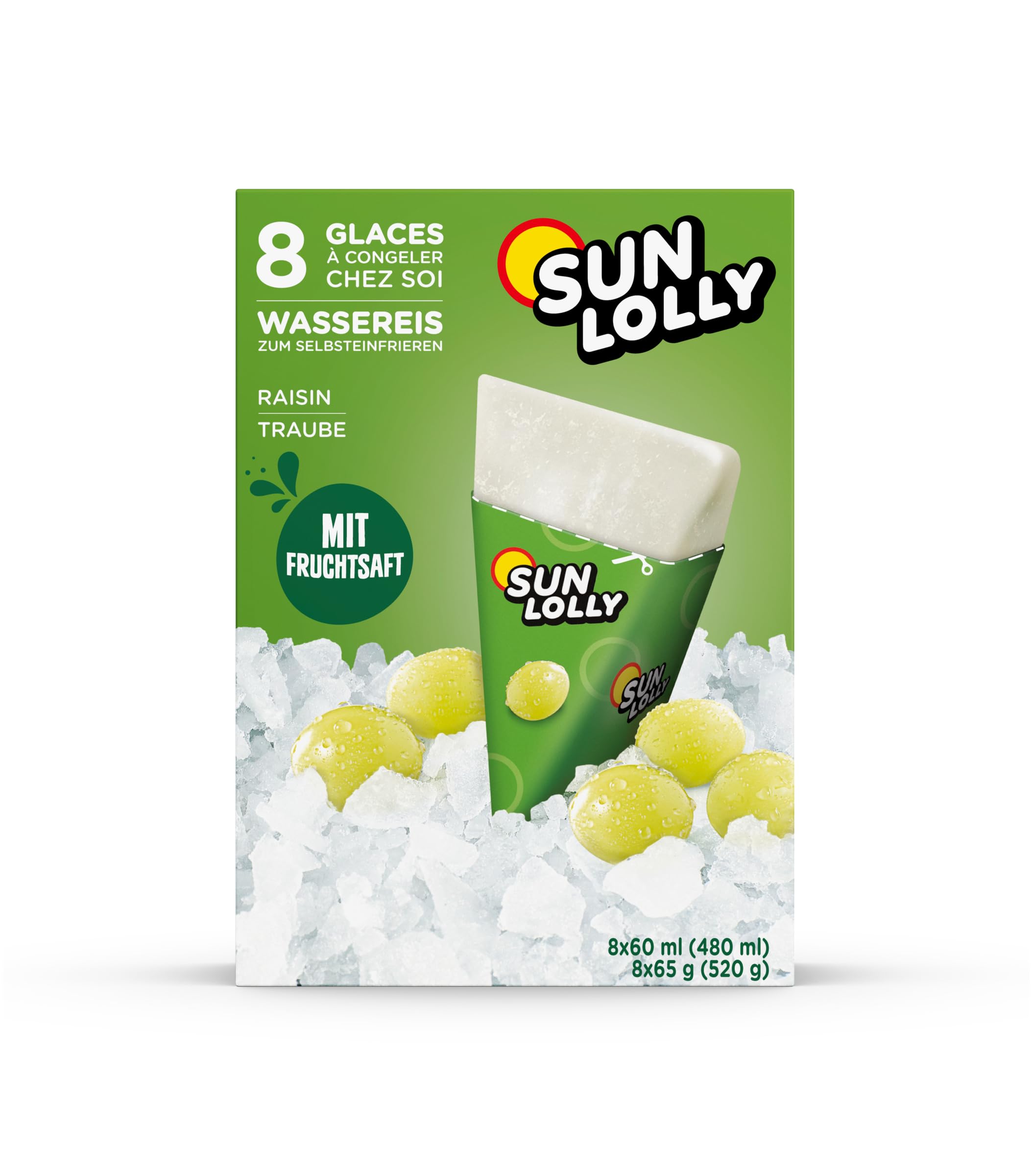 Sun Lolly Wassereis Weintraube 8 Stk | Mit Fruchtsaft | Zum Selbsteinfrieren | Ohne künstliche Aromen | Frei von Süßungsmittel | Laktosefrei | Glutenfrei | 8 x 60ml