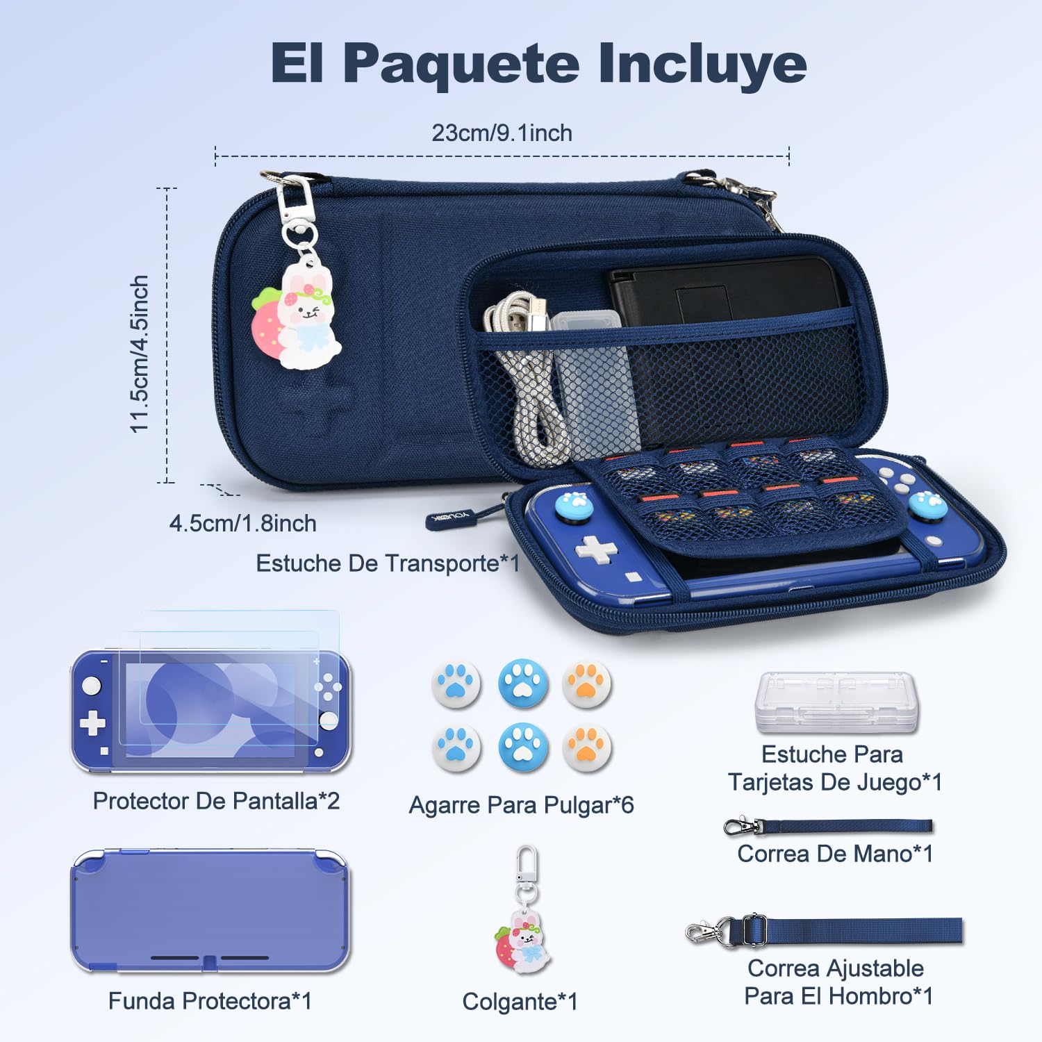 Younik Funda Switch Lite, Azul Accesorios NS Switch Lite 14 en 1, Carcasa de Transporte de Switch Lite, Estuche para Tarjetas de Juego, 2 Protectores de Pantalla, 6 Grips para el Pulgar, Colgante