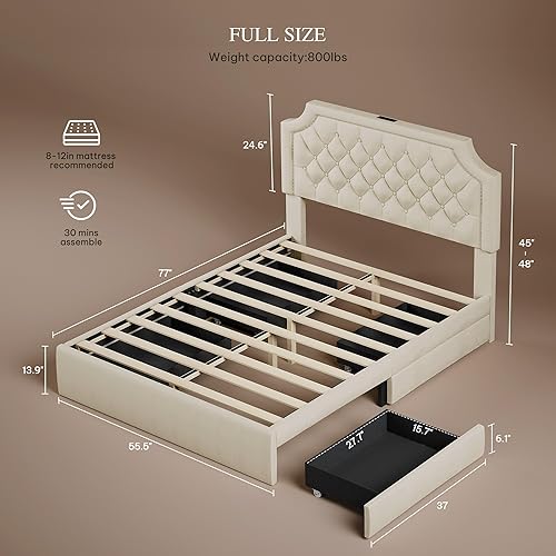 Miniatura 2 de DWVO Base de cama de tamaño matrimonial con cabecera ajustable, 4 cajones de almacenamiento y estación de carga, marco de cama tapizado de