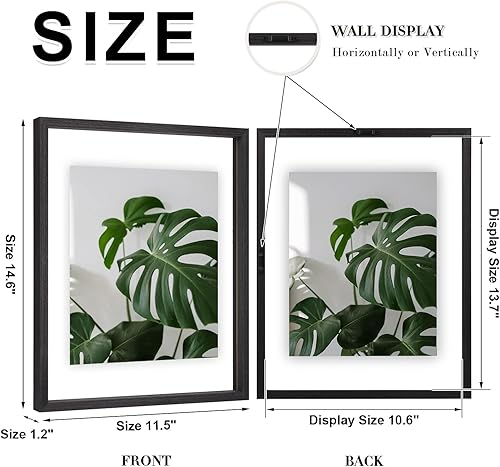 Miniatura 2 de Egofine Juego de 2 marcos flotantes de 11 x 14 pulgadas, marco de fotos de doble cristal, hecho de madera maciza, fotos de cualquier tamaño de hasta