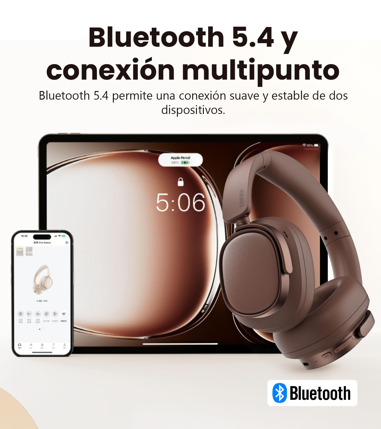 Edifier ES850NB Auriculares Inalámbricos con Cancelación de Ruido, LDAC, Audio Alta Resolución, Bluetooth 5.4, Multipunto, Control Táctil, hasta 92H Reproducción - marrón