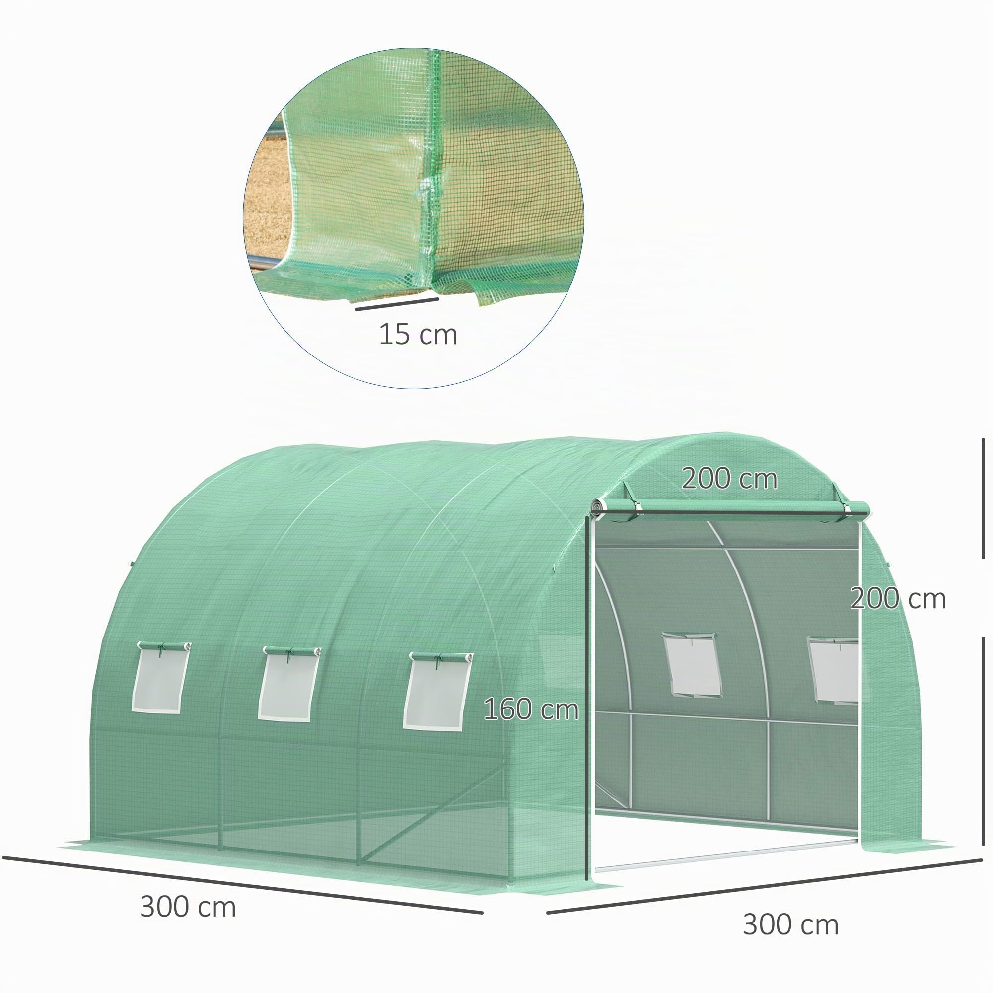 Outsunny Invernadero túnel transitable 3x3x2m Cubierta PE Verde | Invernaderos para exteriores, marco de acero, puerta y ventanas con cremallera, para flores, verduras, plantas tropicales