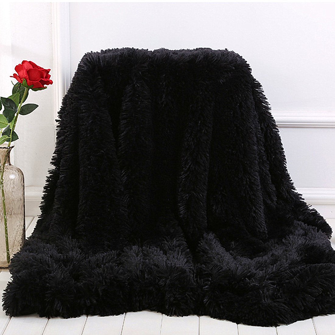 Plush Super Soft Blanket Bedding Sofa Cover Furry Fuzzy Fur Warm Throw Qulit Cozy Couch Blanket for Winter (63"x79", Black)