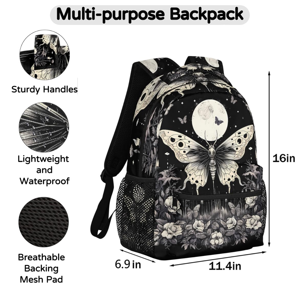 Peaom Retro Butterfly Moon Flower Backpack for Kids Women Men School Backpacks Girls Boys Adults Bookbag Laptop Computer Back Pack Casual Daypack