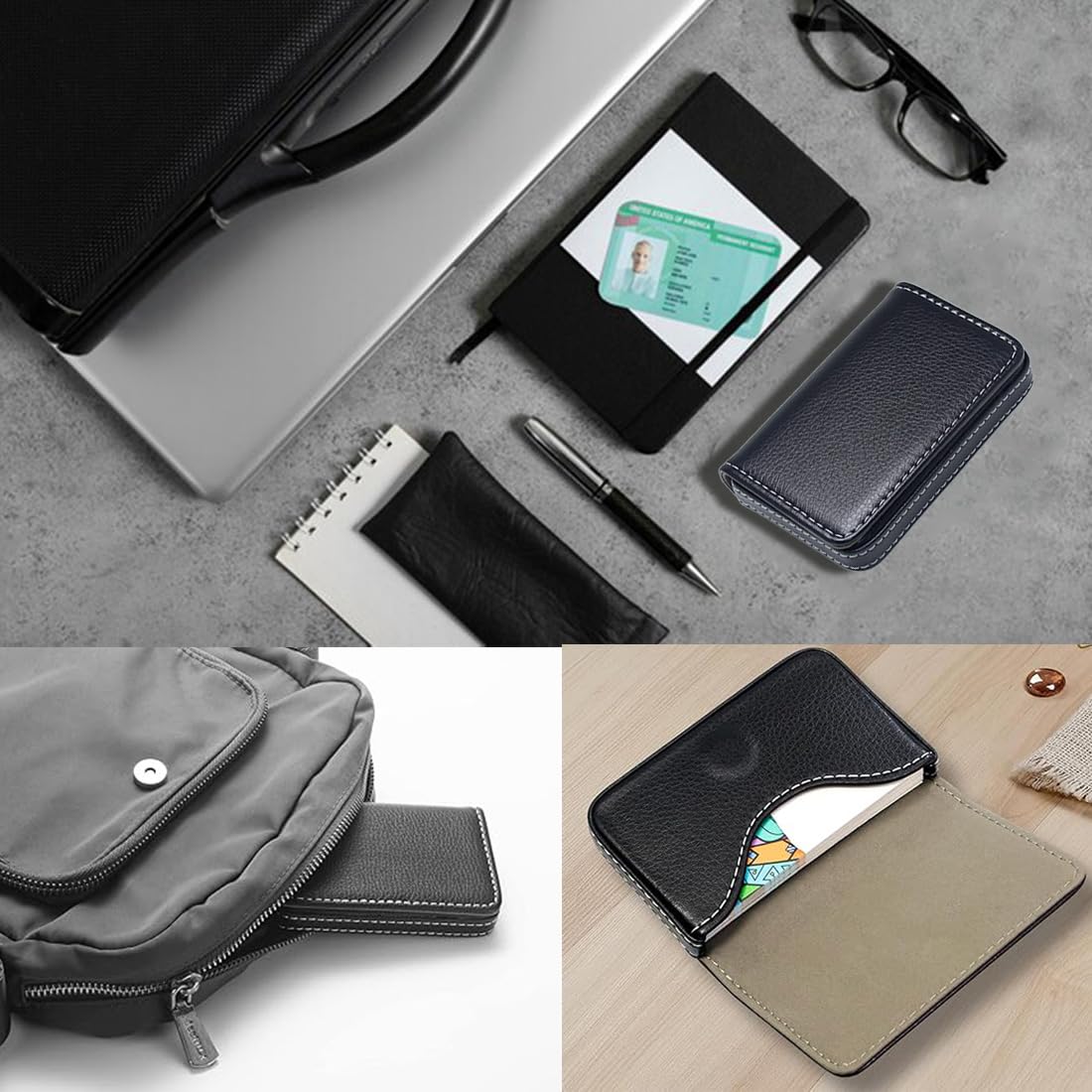 Porta biglietti da visita in pelle PU con fibbia magnetica, Acciaio Inox, Nero
