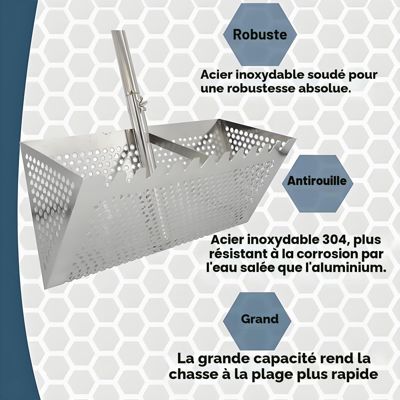 Acier inoxydable Râteau de sable avec dents de requin et poignée longue - Outil de plage commercial pour coquillages/puces de sable, ratissage, lot de 4 pièces
