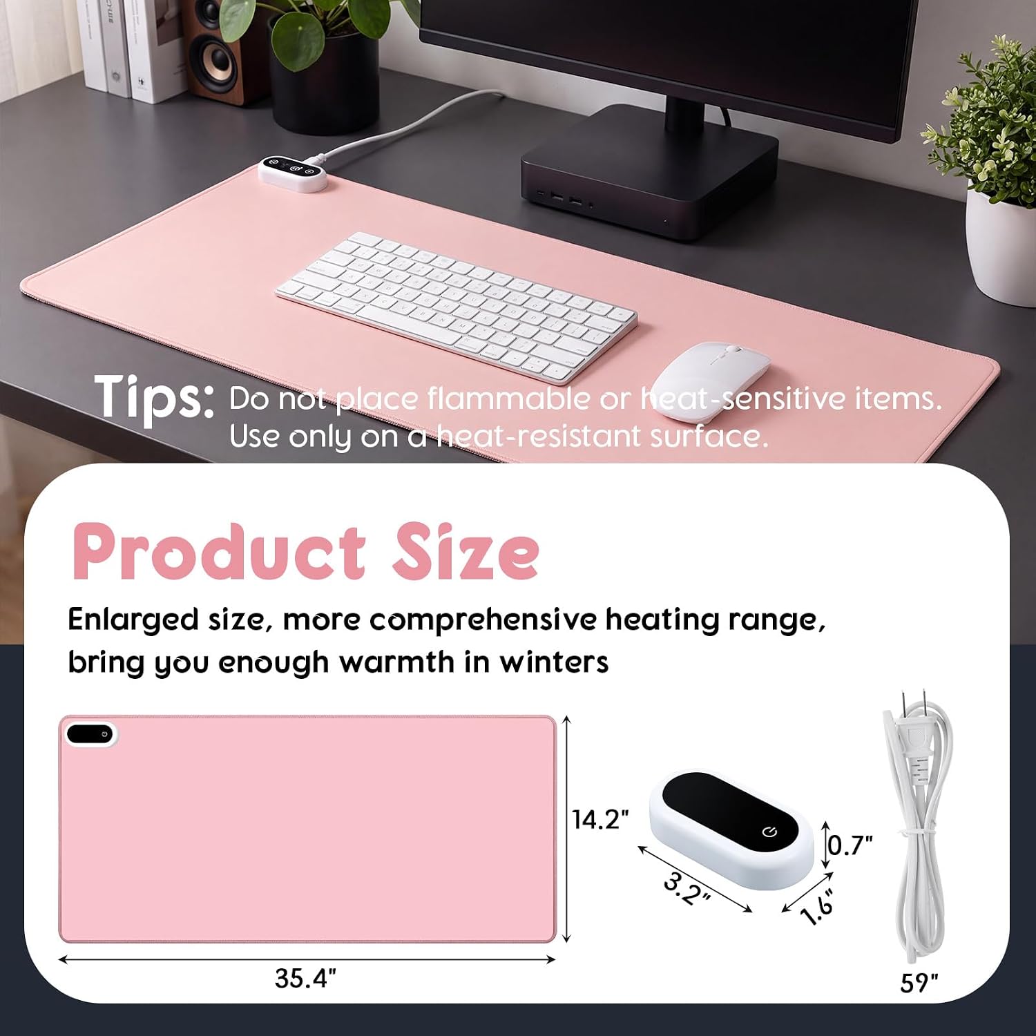 Konohan Heated Desk Mat PU Warm Mouse Pad,Pink Color,35.4"X 14.2" image 2