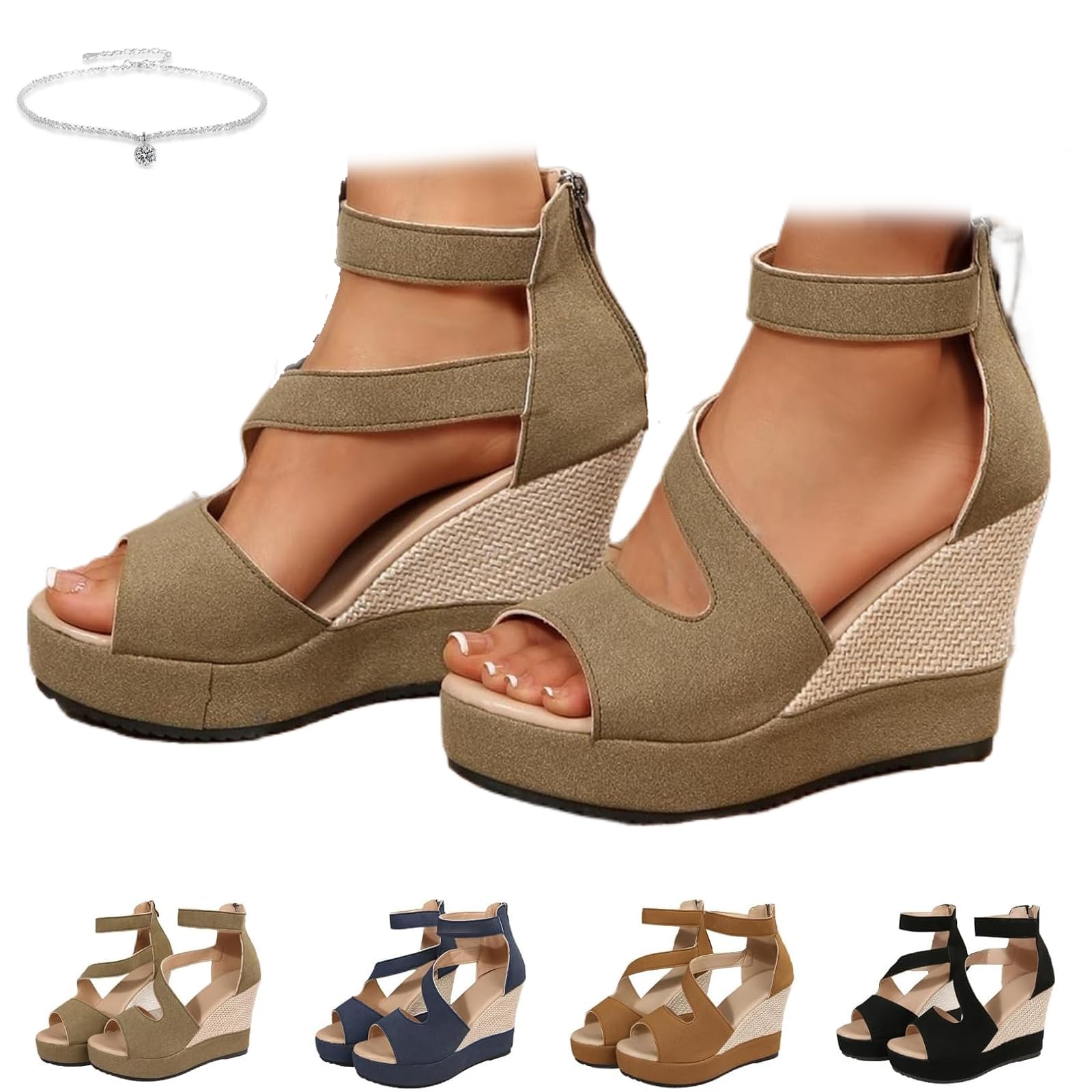 Sandali ortopedici con zeppa da donna, eleganti, sandali estivi con zeppa con plateau da donna, con apertura aperta, zeppe con tacco alto con cerniera posteriore, per matrimoni, feste serali
