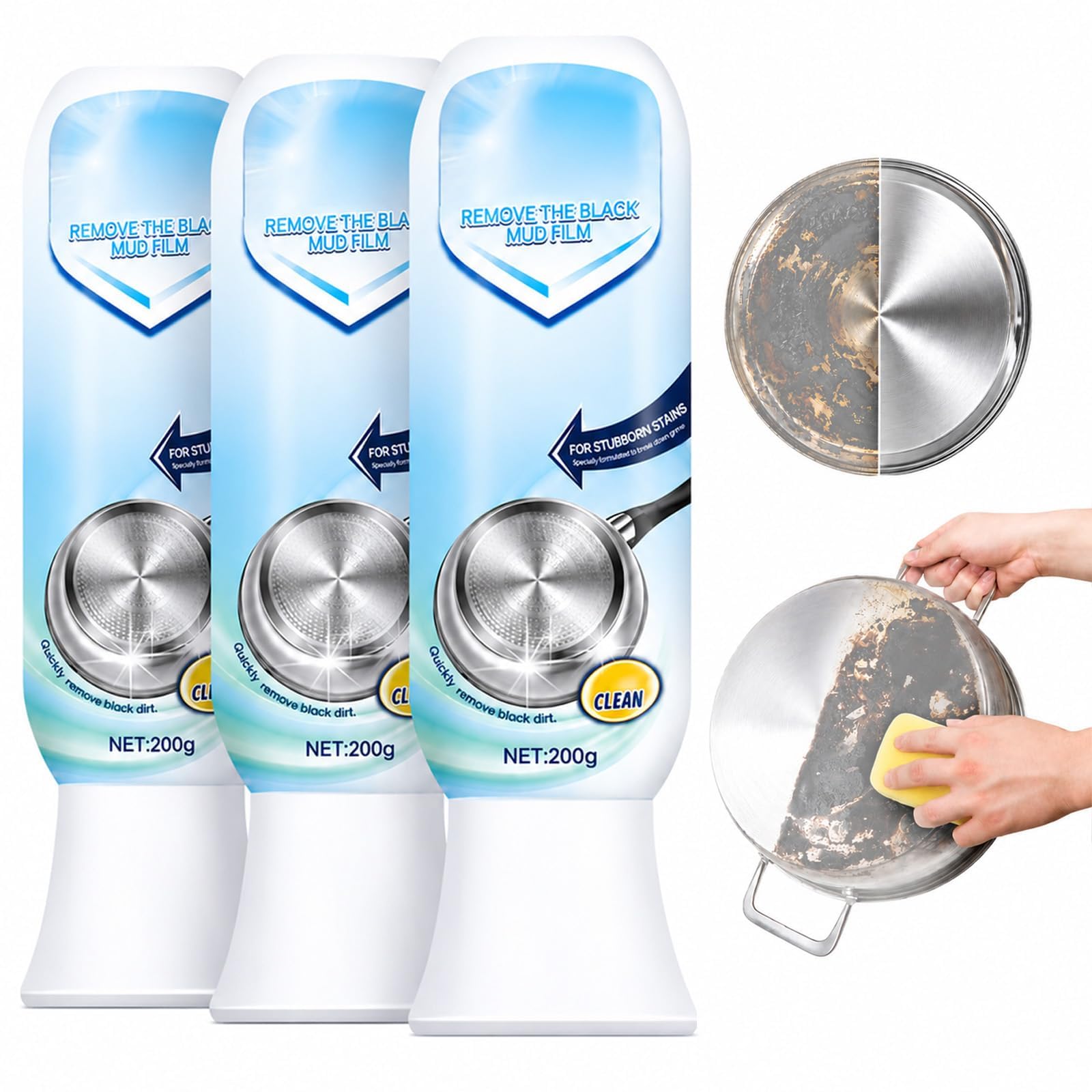 Limpiador de Ollas y Sartenes, Pasta Limpiadora para Manchas Negras y Restos Quemados, Desengrasante Multiusos para Cocina (3Pcs)