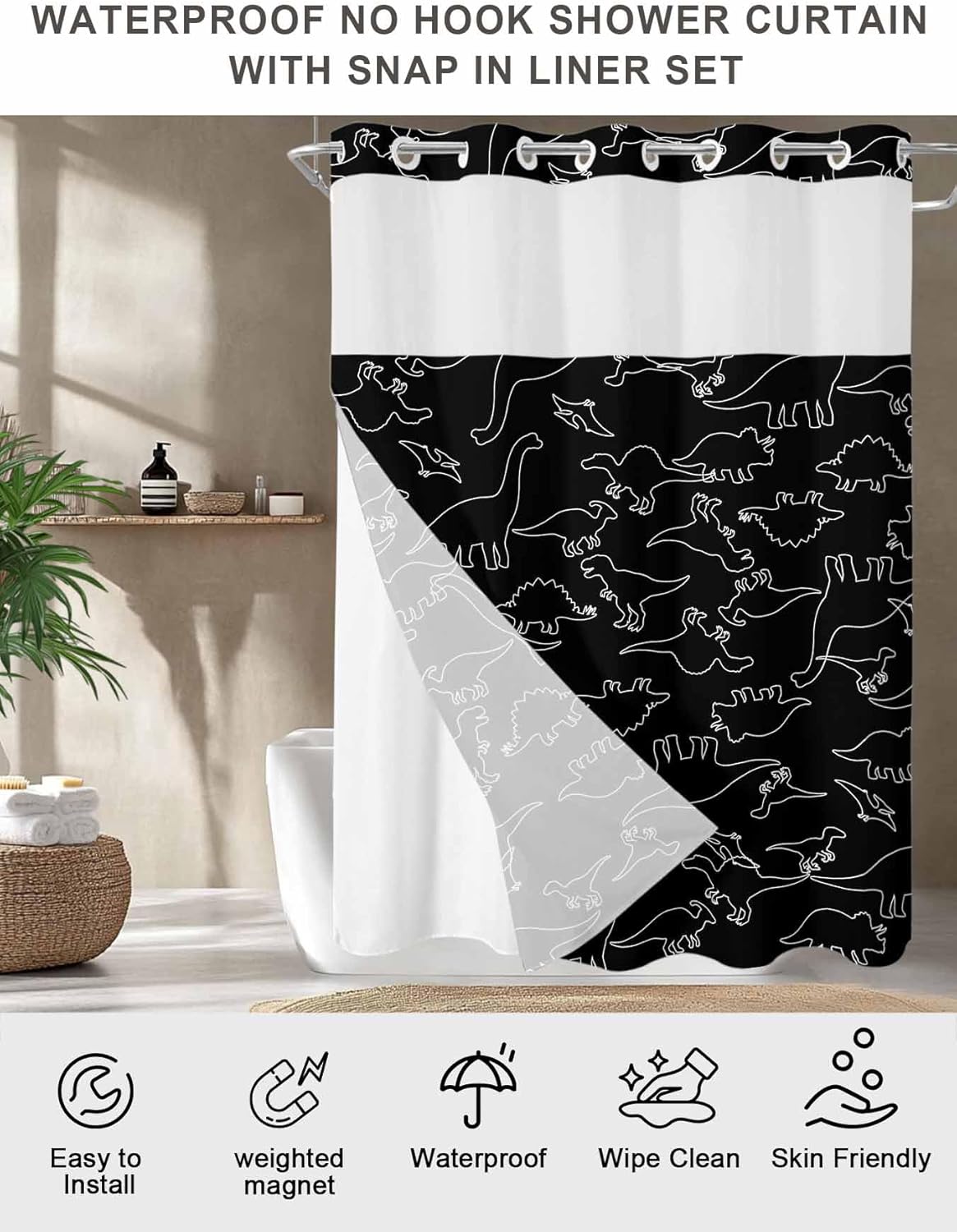 Black Dinosaur No Hook Shower Curtain with Snap in Liner Waterproof Fabric Shower Curtain Set for Bathroom White Abstract Animals Cute Cartoon Shower Curtain with See Through Top Window 72"x78"
