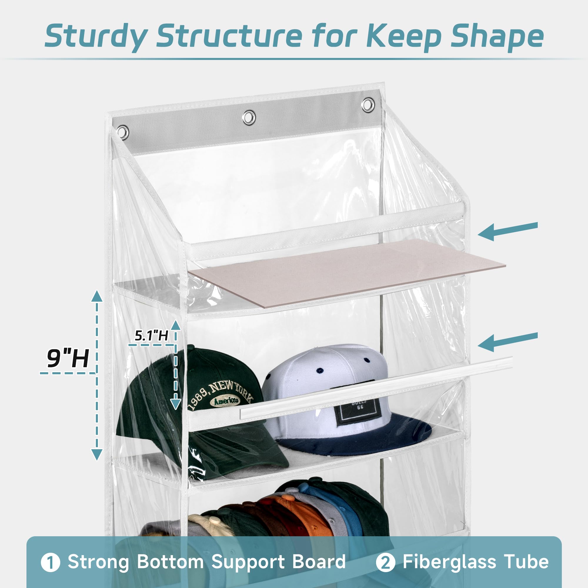 Estantes transparentes para gorras de béisbol, grandes con capacidad para hasta 72 gorras, organizador de almacenamiento de sombreros para pared de armario, bolsillos profundos, estantes 3
