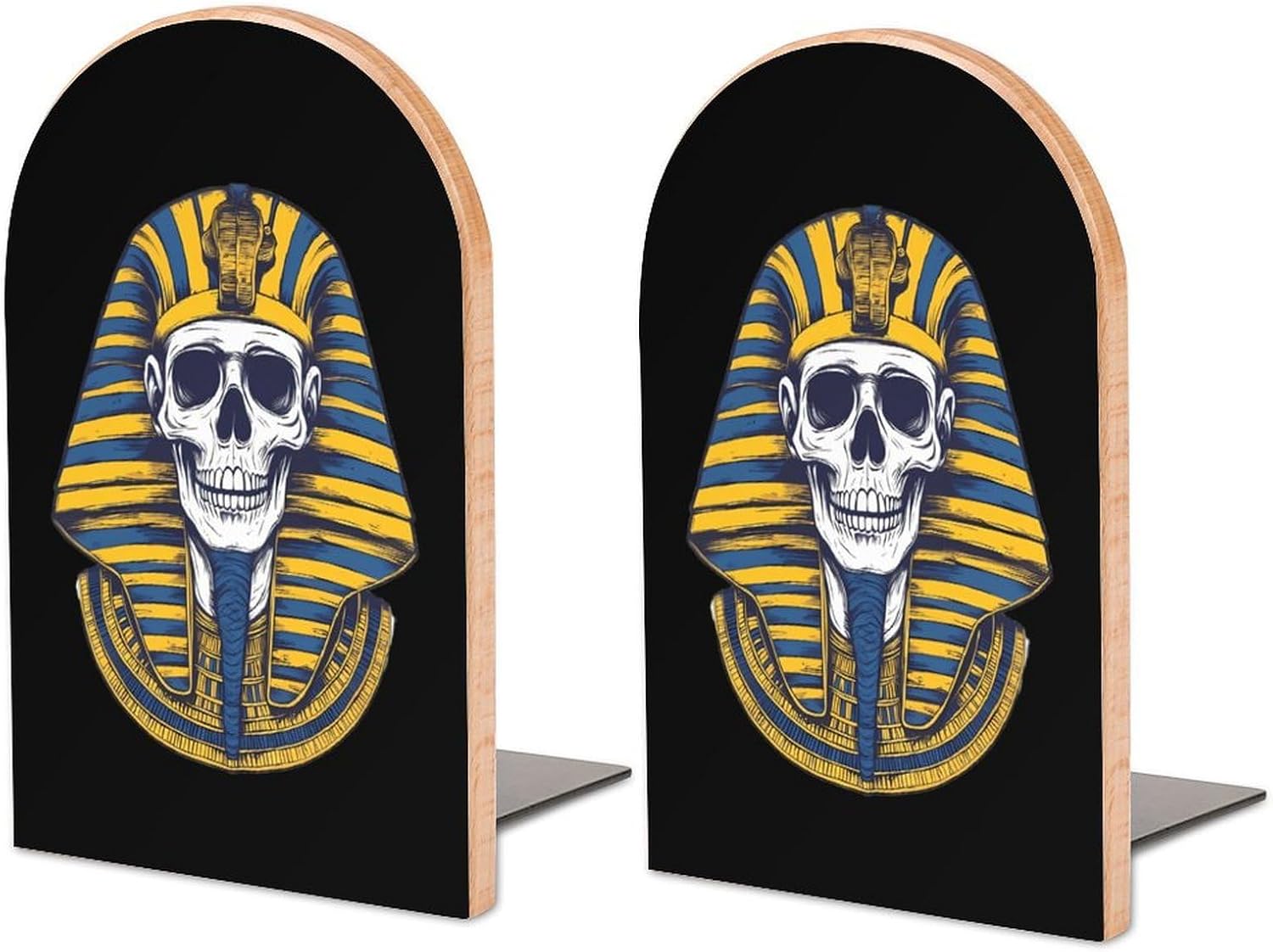 Egyptian Pharaoh Skull Cute Wood Book Ends Decorative Bookends 1 Pair Non-Skid for Shelves Home Office 7 X 5 Inch