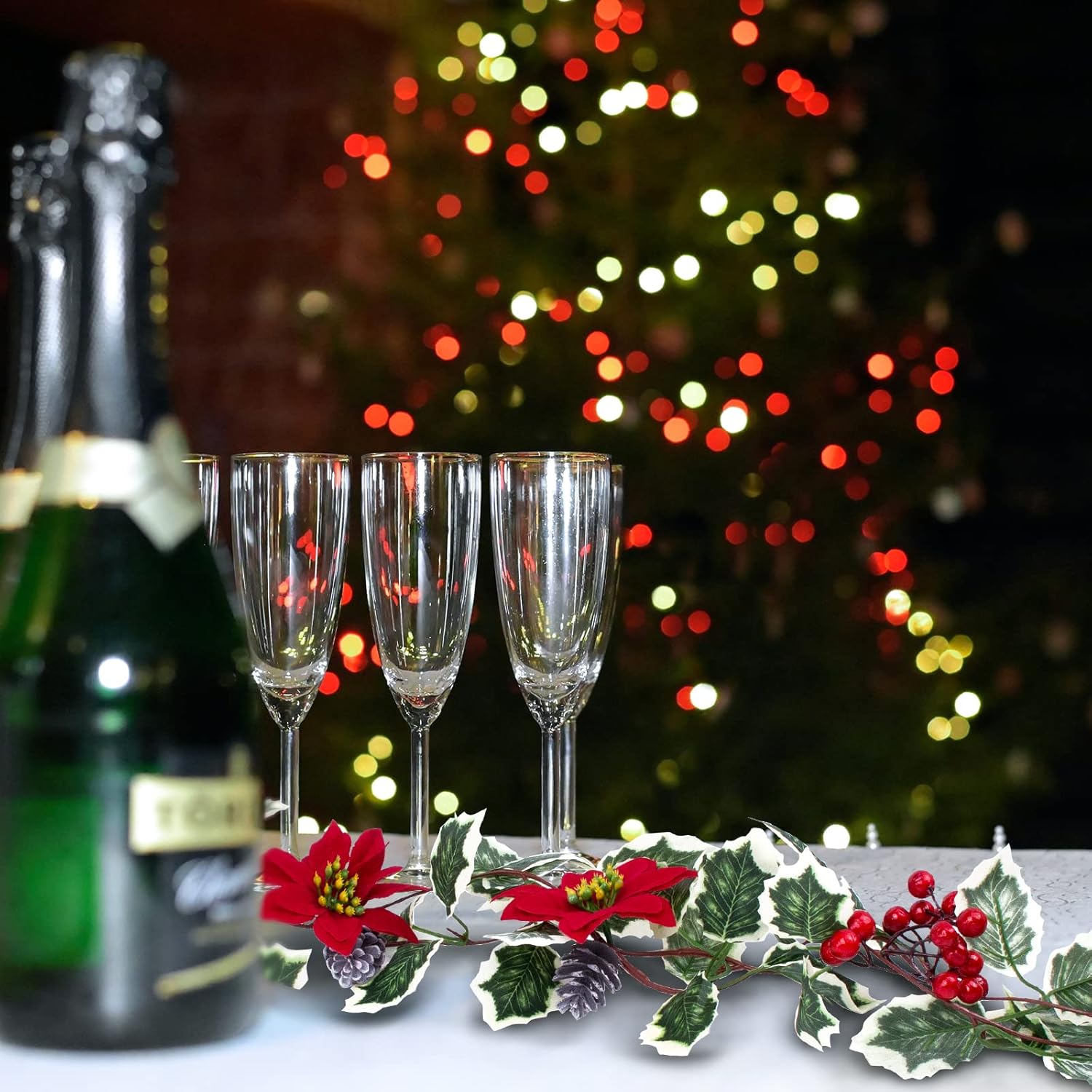 3 Pack Christmas Poinsettia Garland 25.5 Feet Artificial Poinsettia Vines with White-Edged Green Holly Leaves & Red Berries & Pinecones for Xmas Tree Home Deck Railing Staircase Decorations - Image 2