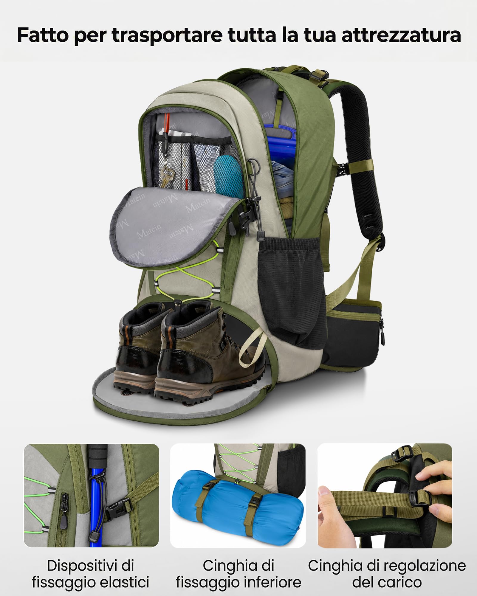 MATEIN Zaino Trekking 40L Uomo Donna, Scomparto Scarpe e Cintura Lombare | Zaino da Trekking Leggero, Include Copertura Antipioggia, per Hiking, Escursionismo, Campeggio e Outdoor, Verde militare