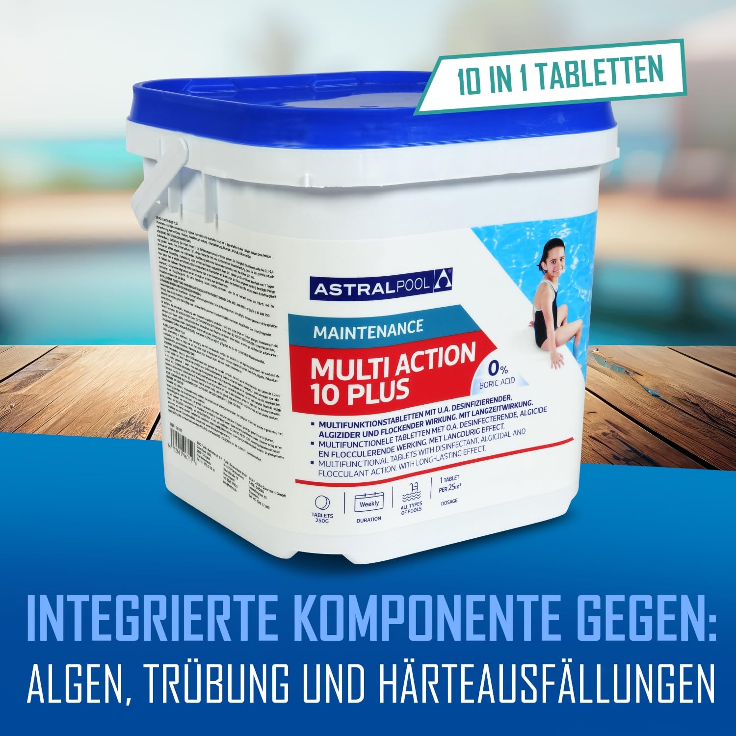 Astral Pool Multi Action 10 Plus - 5 kg Langsam lösliche 10in1 Chlortabletten für Pool Langzeitdesinfektion und Algenkontrolle