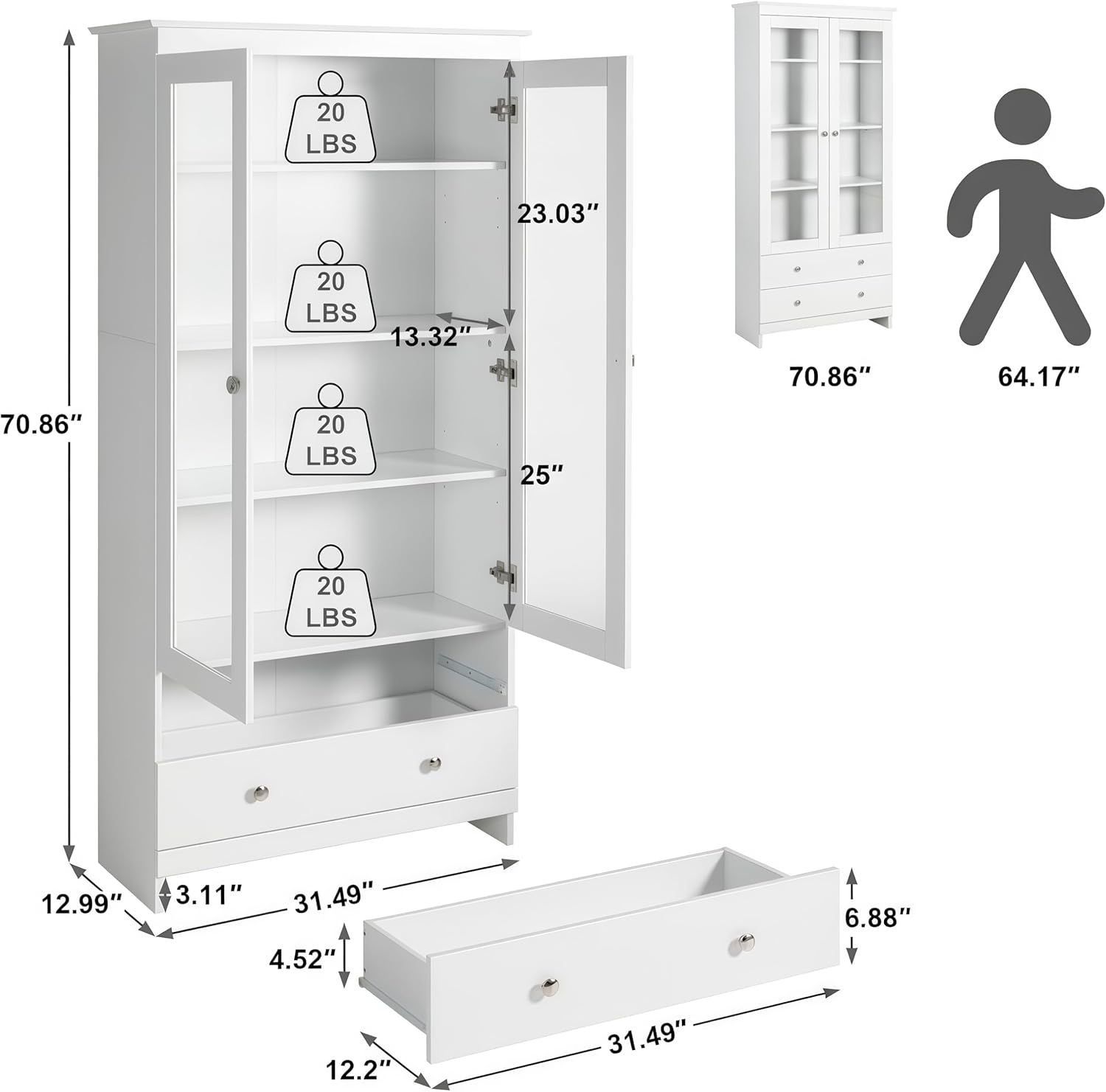 YIGOBUY Bookcase with Glass Doors 4-Tier Tall Bookshelf with Cabinet and Drawers Wood Curio Storage Cabinets Wide 4 Cube Storage Organizer for Living Room Bedroom Bathroom Office Kitchen