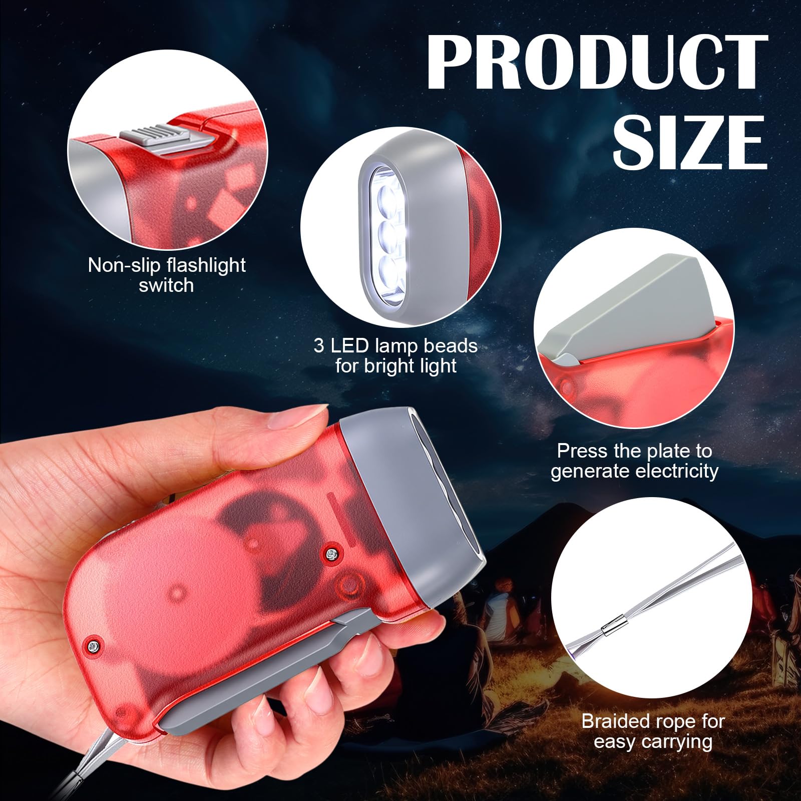 Leelosp Handkurbel-Taschenlampe, keine Batterie erforderlich, gekröpfte Taschenlampe, manuelles Drücken, 3 LEDs, Quetschlicht für Camping, Wandern, Stromausfall, Geschenk (Rot, Blau, Lila, Orange)