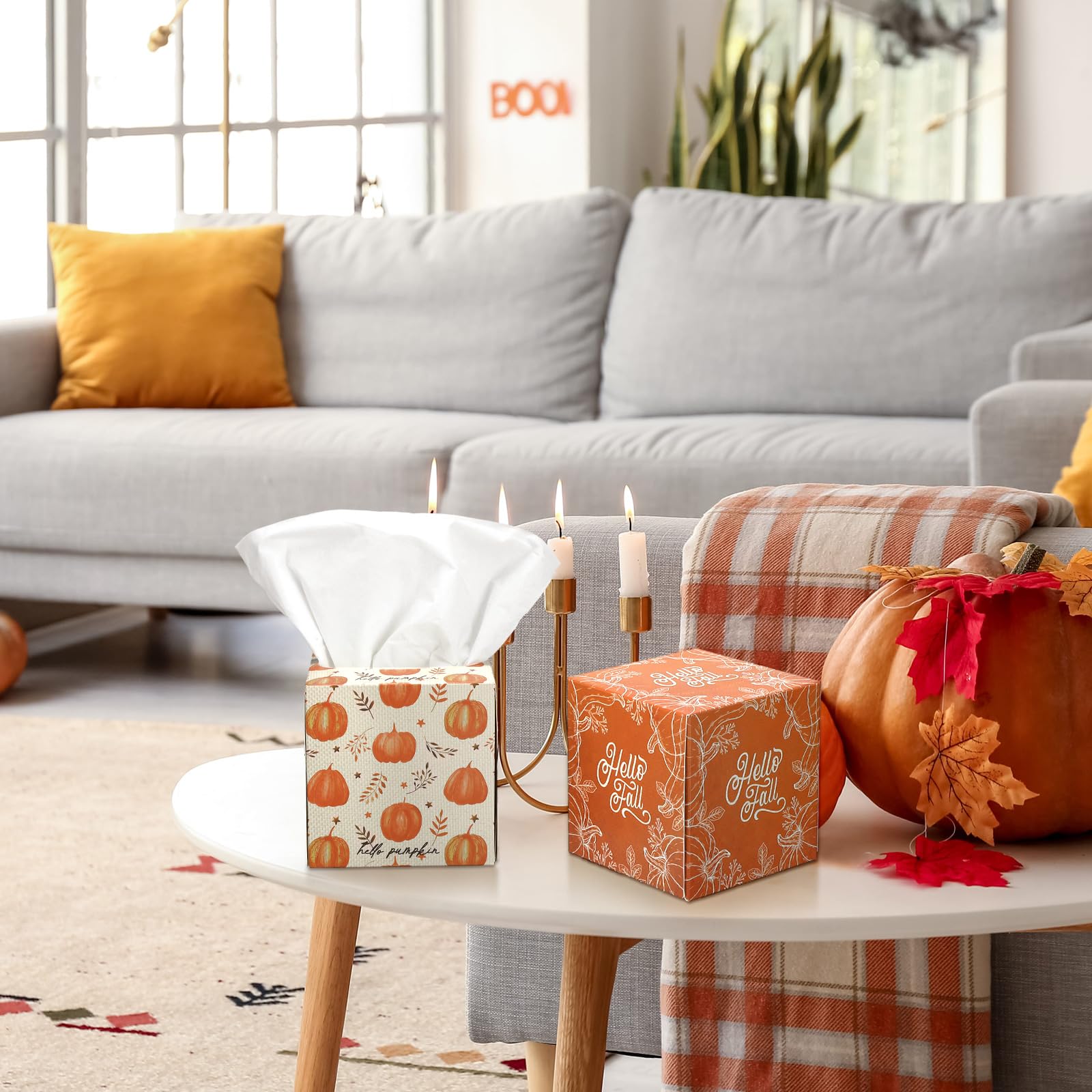 Bencailor Confezione da 12 scatole di fazzoletti per il viso autunnali a forma di zucca, 600 fogli a 3 strati, copertura quadrata in tessuto per accessori di casa e auto (arancione, Hello Pumpkin)
