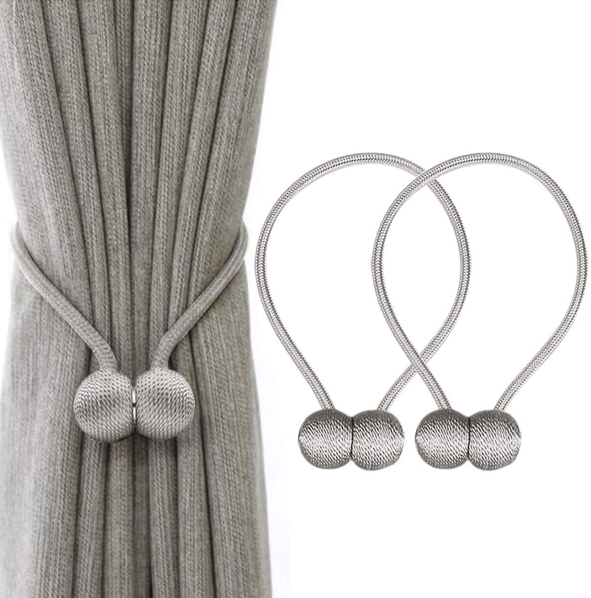 Curtain Tiebacks Magnetic Holder - DELFINO 2 Pcs The Most Convenient Drape Tie Backs, Decorative Drape Holders Holdbacks Weave Rope Clips Window Sheer Blackout Panels Home and Office (Silver Grey)