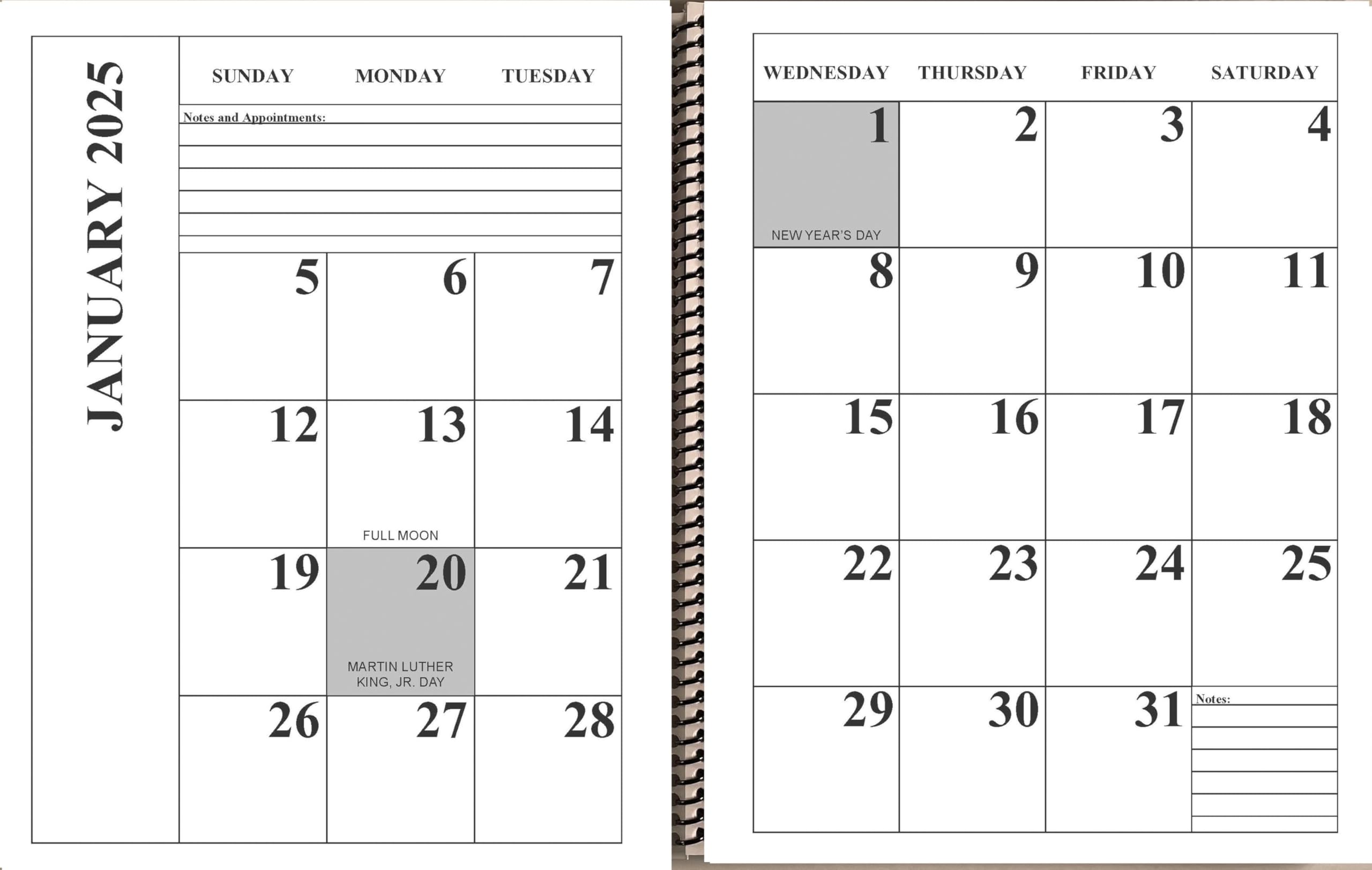 Jumbo Large Print Desktop Calendar 2025 | Heavy Weight Paper, | Tough Calendar | 17" x 11" opened up or closed it is 11" x 8.5 | 13-months, January 2025 to January 2026 | Lots of Room to write doctor aapointments | Lists holidays, full moons and other special events