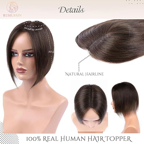 Miniatura 5 de Toppers de cabello humano real para mujer, 10 pulgadas, 100% Remy, extensiones de cabello humano para cabello fino, base suiza, ligado a mano, con
