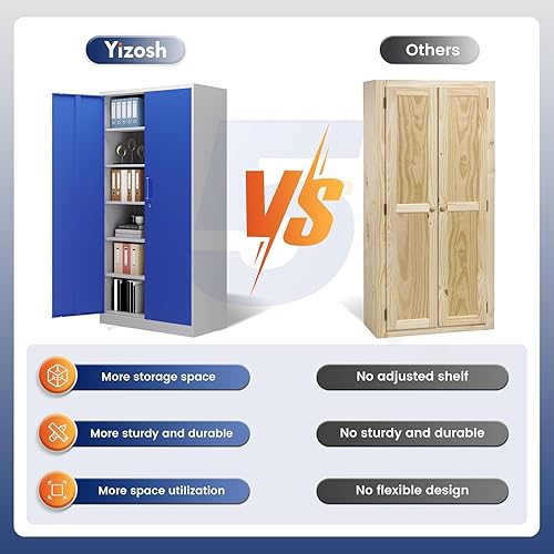 Miniatura 7 de Yizosh Armario de almacenamiento de metal para garaje con 2 puertas y 5 estantes ajustables, gabinete de archivo de acero con cerradura de 71