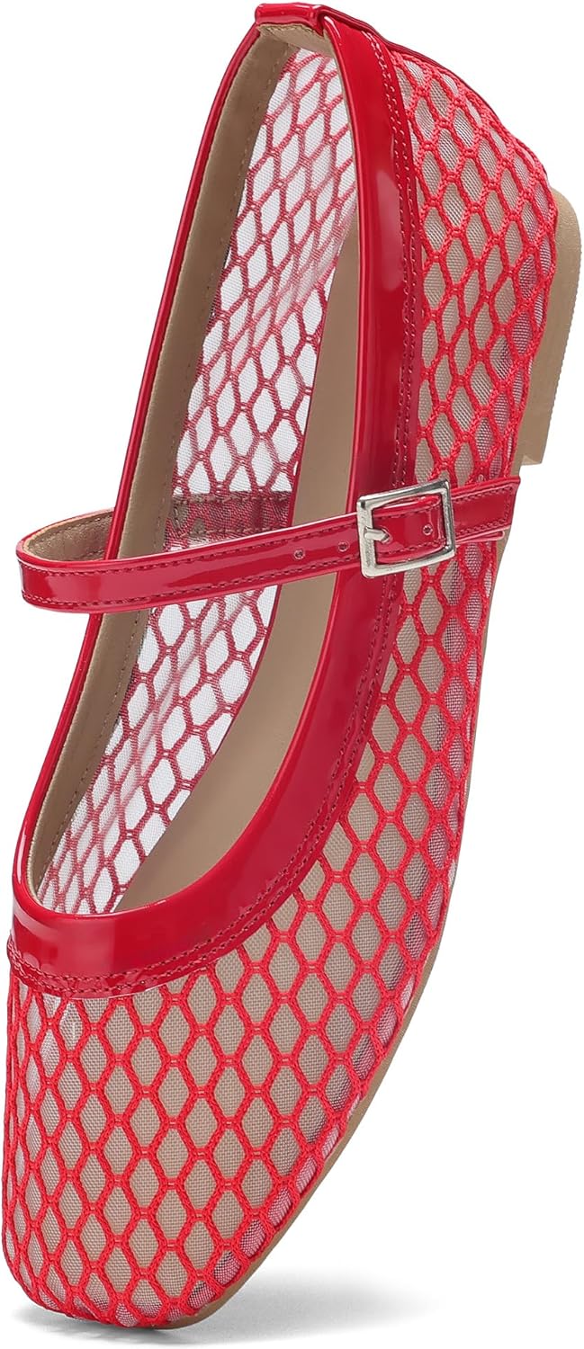 Mesh Ballet Flats Shoes for Women Flats Comfortable Dressy Square Toe Fishnet Mary Jane Flats for Events Party Leisure