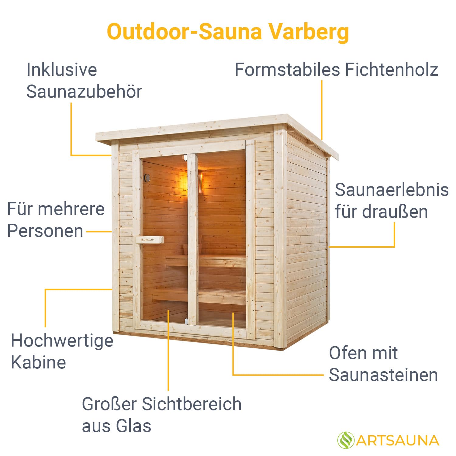 Artsauna Varberg Gartensauna 200 x 160 cm 8 kW Fichtenholz Outdoorsauna für 4 Personen Komplett Set
